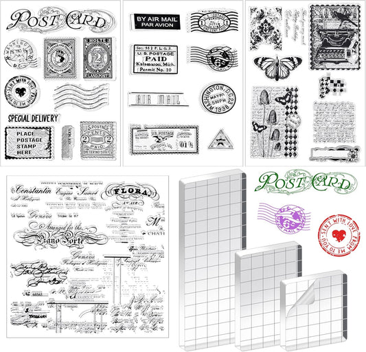 Yinder 7 Pcs Vintage Rubber Clear Stamps Set 4 Sheet Transparent Postage Silicone Stamps 3 Pcs Acrylic Stamp Block Tools with Grid Lines Rubber Craft Supplies for DIY Scrapbooking Journaling
