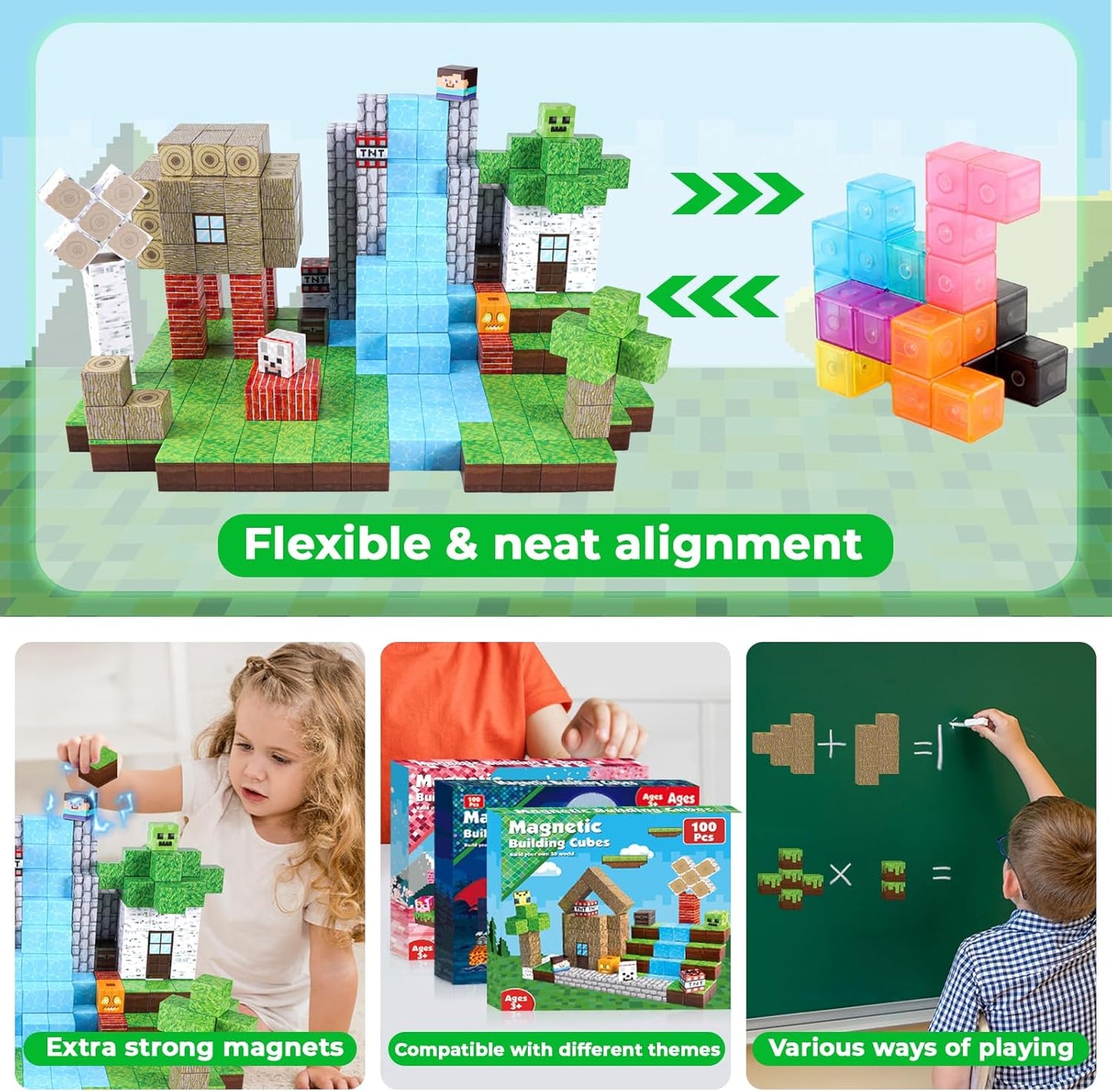 Magnetic Blocks-100PCS Magnetic Building Blocks Magnet Cube Toys Stacking, Build Forest World Set, STEM Montessori Sensory Toys for Kids Boys Girls Age 3 4 5 6 7 8 9 10 Birthday Gifts