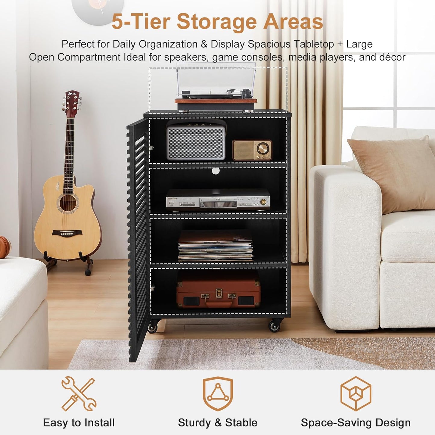LEVNARY 5-Tier AV Media Cabinet with Grille Door & Adjustable Shelves, Modern Wooden Stereo Rack with Cable Management & Wheels, Audio Video Stand for Living Gaming Room Recording Studio (Black)