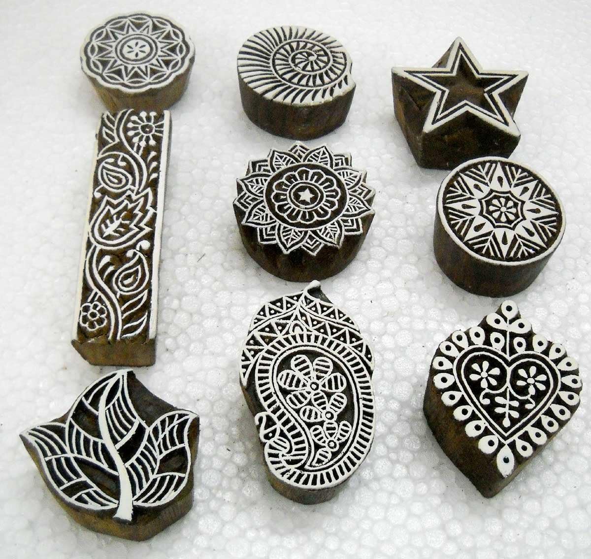 Pack of Nine Exotic Wooden Block Stamps/ Tattoo/ Indian Textile Printing Blocks