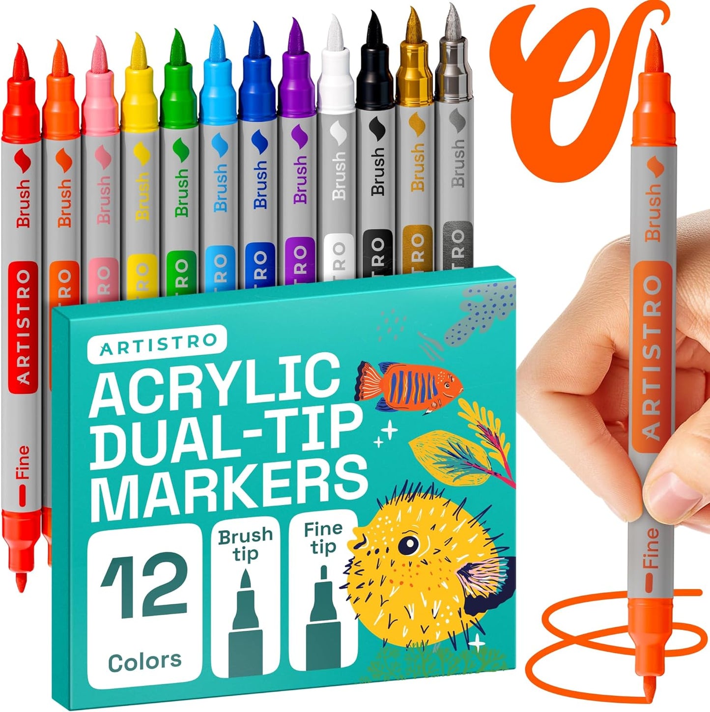 ARTISTRO 12 Dual Tip Brush + Fine Acrylic Paint Markers - Easy for All Ages & Levels Paint Pens for Fabric, Rock, Glass, DIY - Halloween Pumpkin Painting Kit, Art Supplies, Christmas Gift