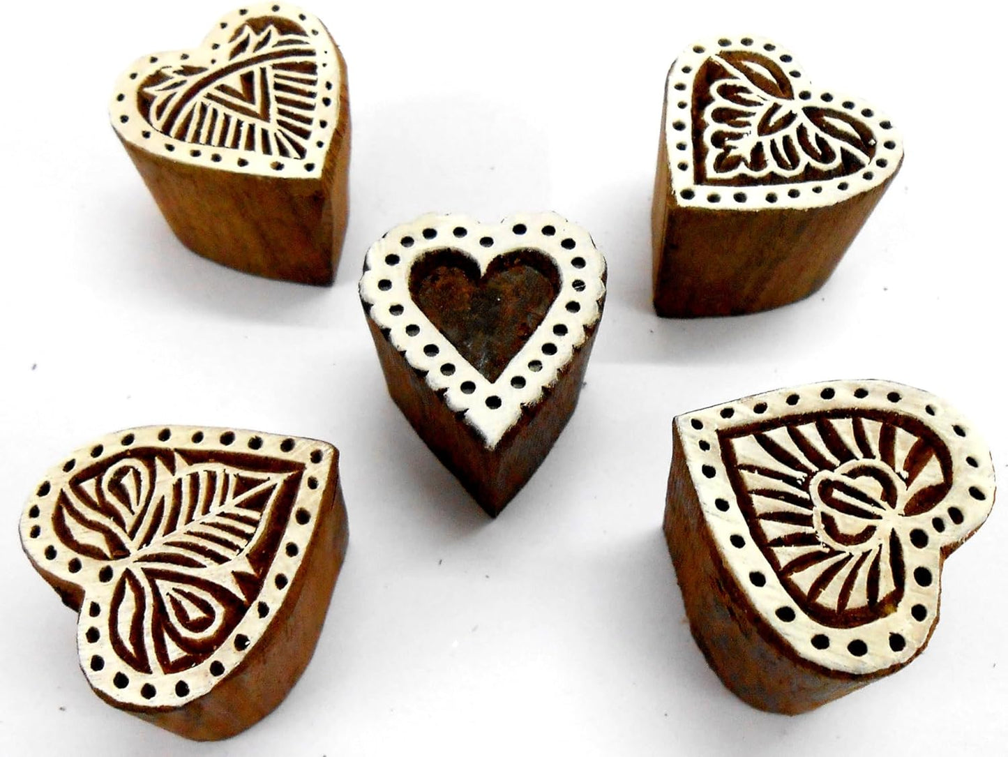 Stylish Romantic Five Hearts Wooden Blocks Stamps for Printing on Textiles, Pottery Crafts,Henna, Scrapbooking (Set of 5)