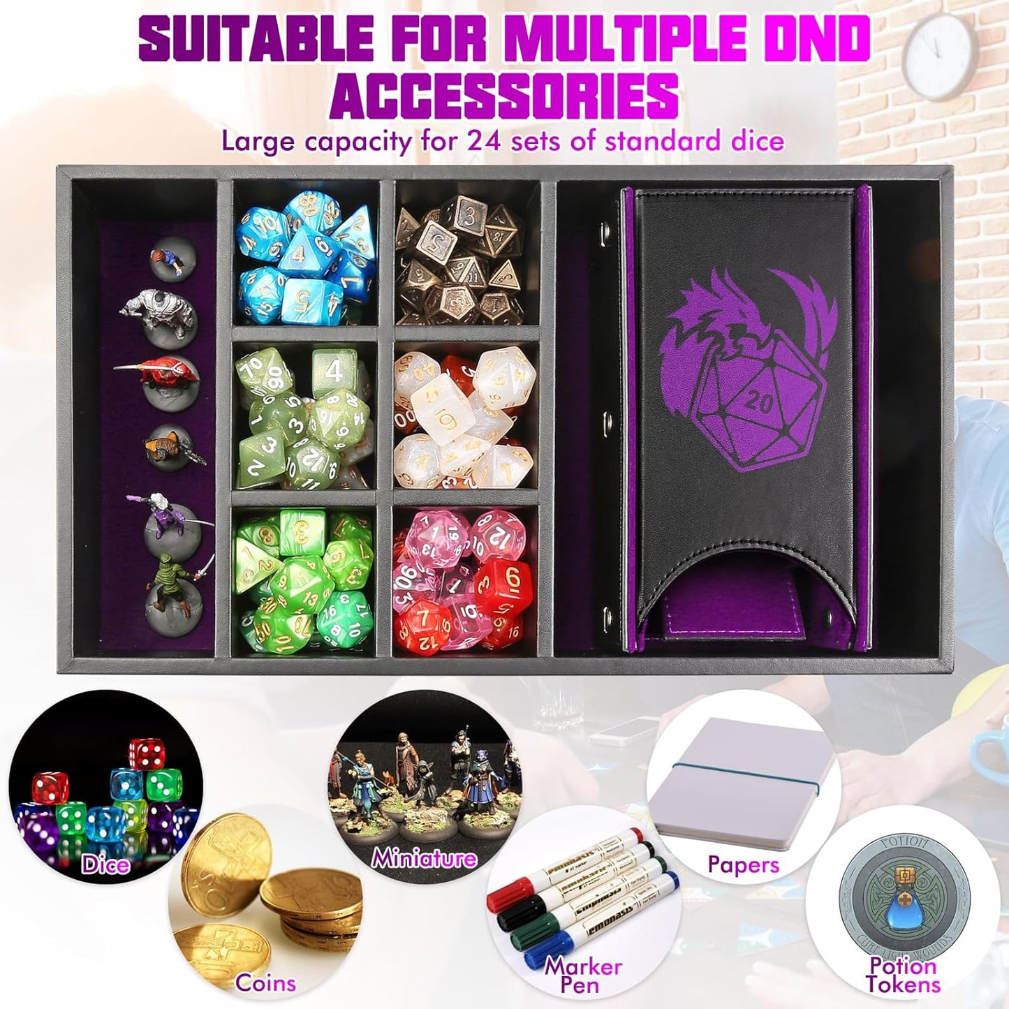 DND Dice Tray & Tower Storage Box, 4 in 1 D&D Dice Holder Case (Dice Rolling Tray, Dice Roller Tower, Dice & Miniature Storage), Great RPG Accessories Gifts for Dungeons and Dragons MTG DM & Player