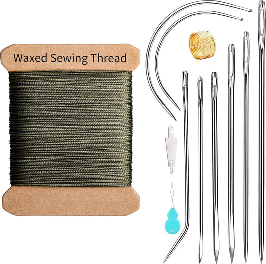 Repair Sewing Kit, Upholstery Needle with 32 Yard Waxed Thread and 8 Pcs Heavy Duty Leather Needles for Hand Stitching, Canvas & Quilting - 0.55mm Round Waxed Thread Army Green