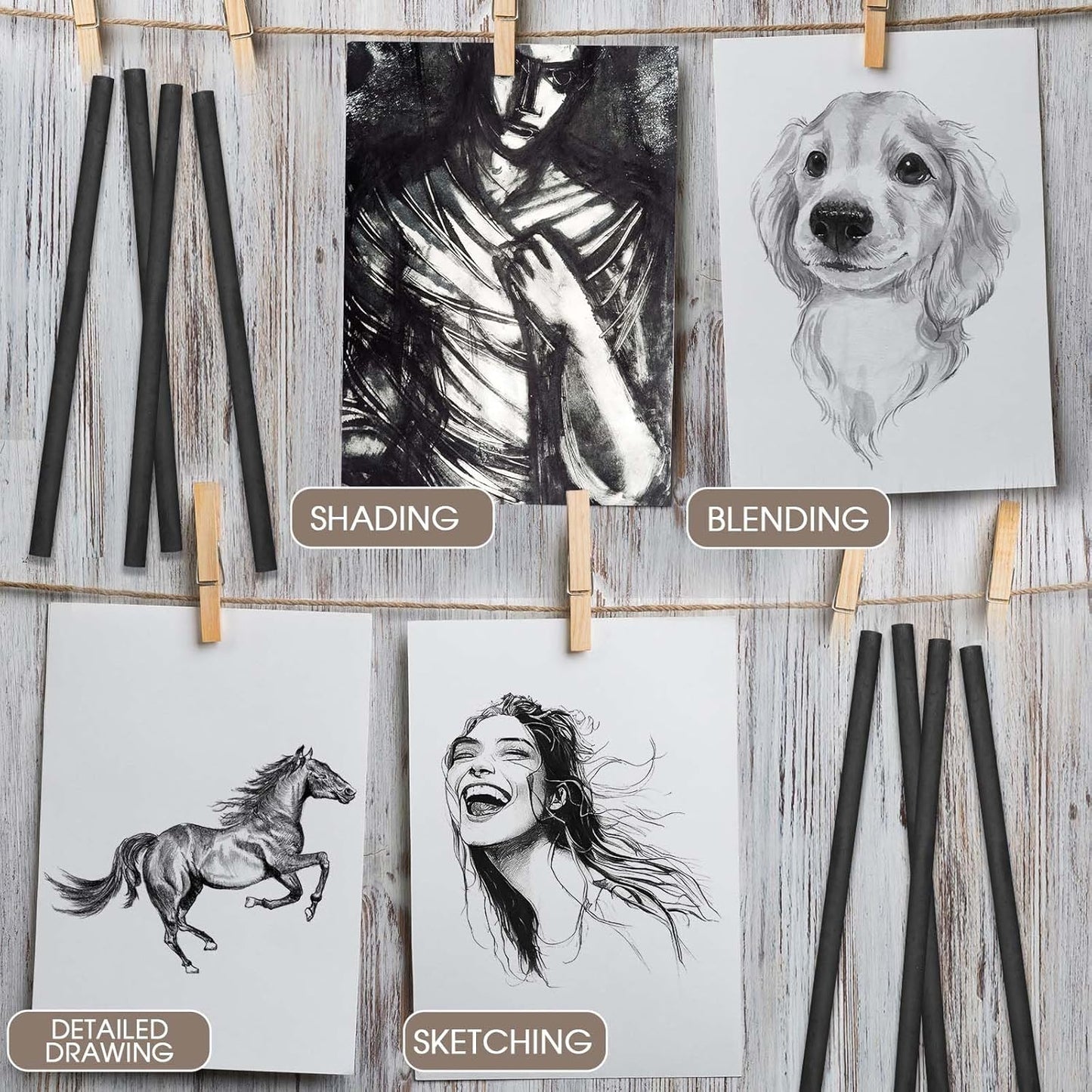 Gueevin 100 Pcs Willow Charcoal Sticks, Willow Charcoal, Artists, Beginners, Students, Perfect for Sketching, Drawing, Shading, and Fine Art Christmas Gifts for Art (2-4mm,4-5mm,5-7mm,7-9mm)