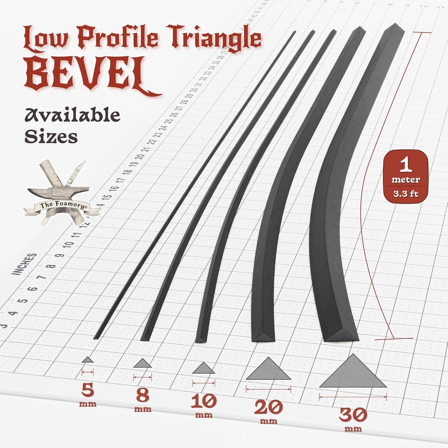 The Foamory's Instant Edge EVA Foam Bevel. Pre Cut Low Profile Triangle 3 Pack 5-30mm x 1M Black EVA Beveled Trim Save Time on Cosplay Costumes and Armor Detail. High Density 85kg/m³ Craft Foam Dowel