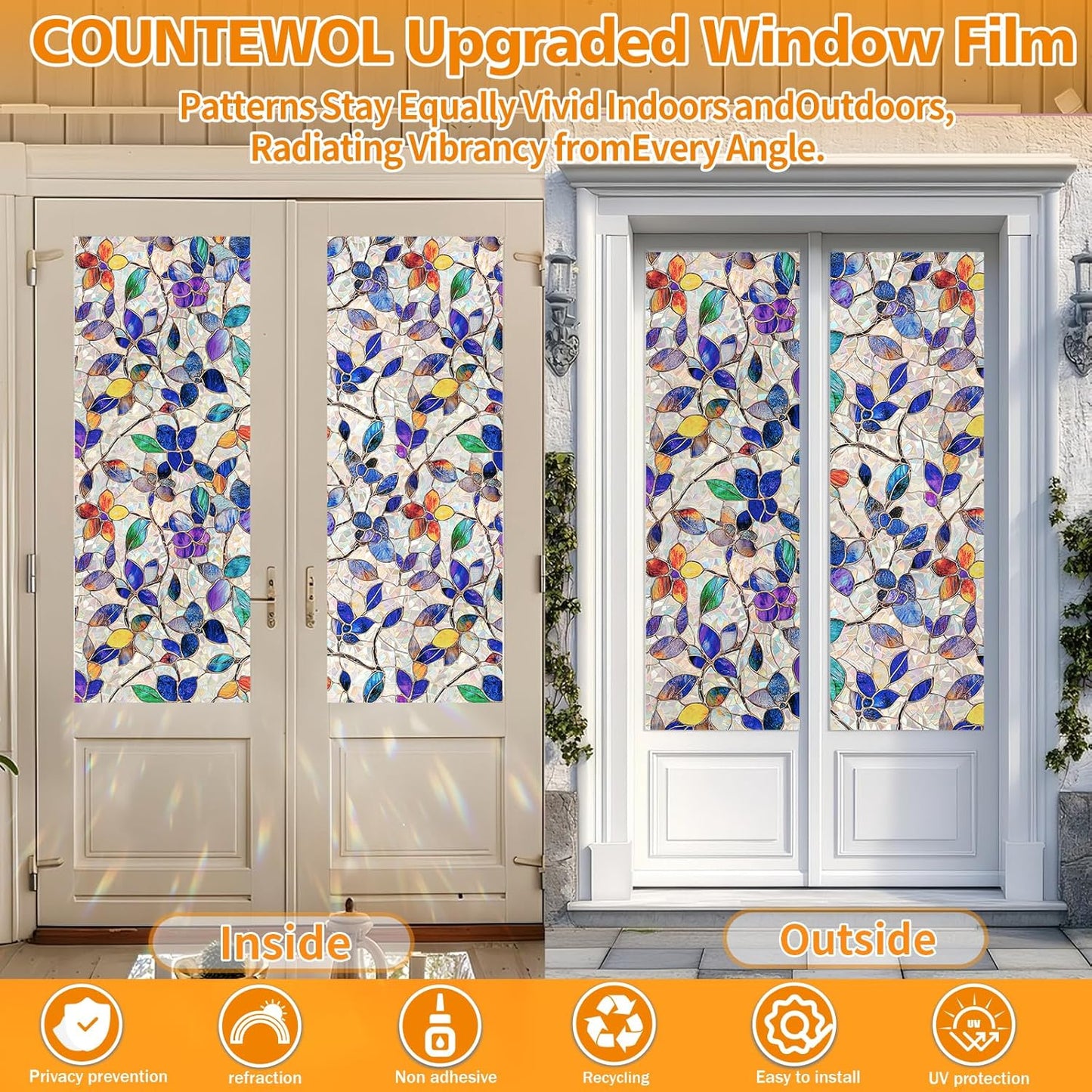 Window Privacy Film Stain Glass Window Film Rainbow Window Film Window clings Non-Adhesive Reusable Decorative for Room (Stained Leaf, 23.6 x 78.7 in)