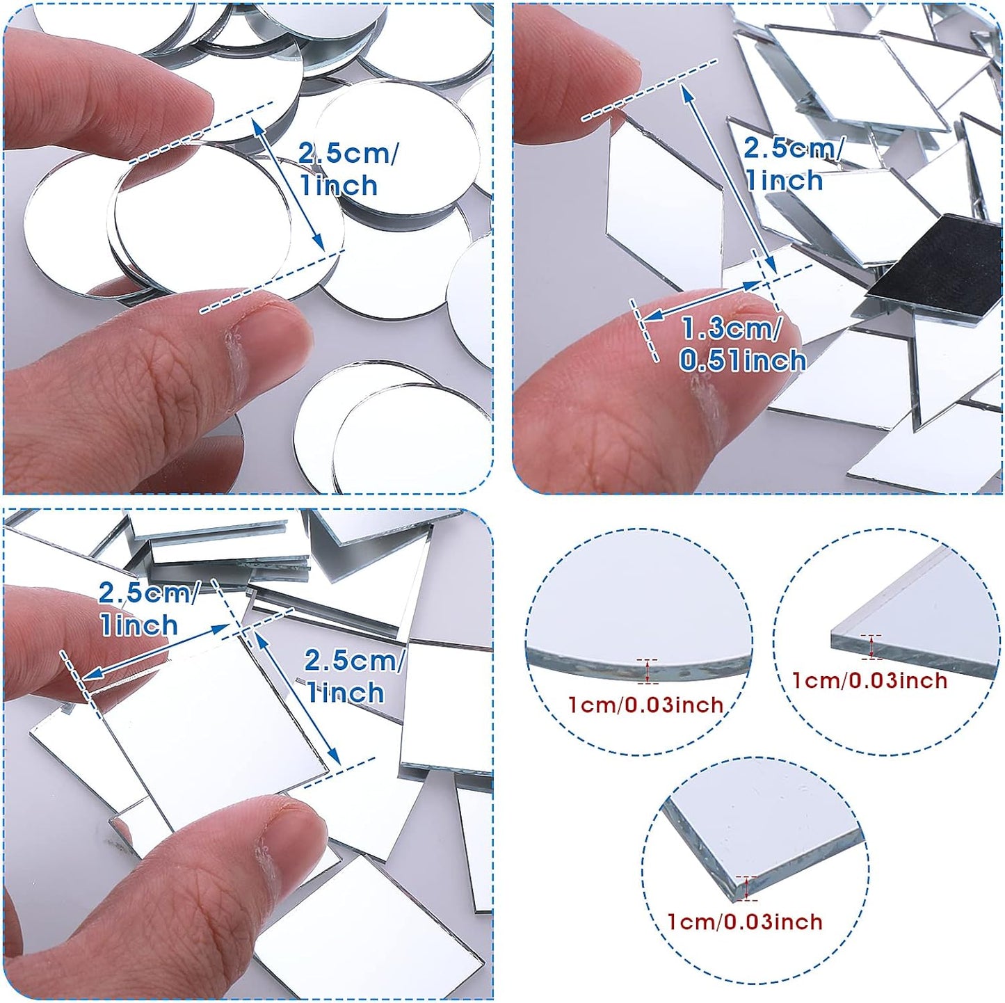 Prasacco 120 Pcs Small Mirrors for Crafts, 3 Shapes Mirror Pieces for Crafts, Square Diamond Round Craft Mirror DIY Mirror Mosaic Tiles for Disco Ball Lamp Framing Decoration