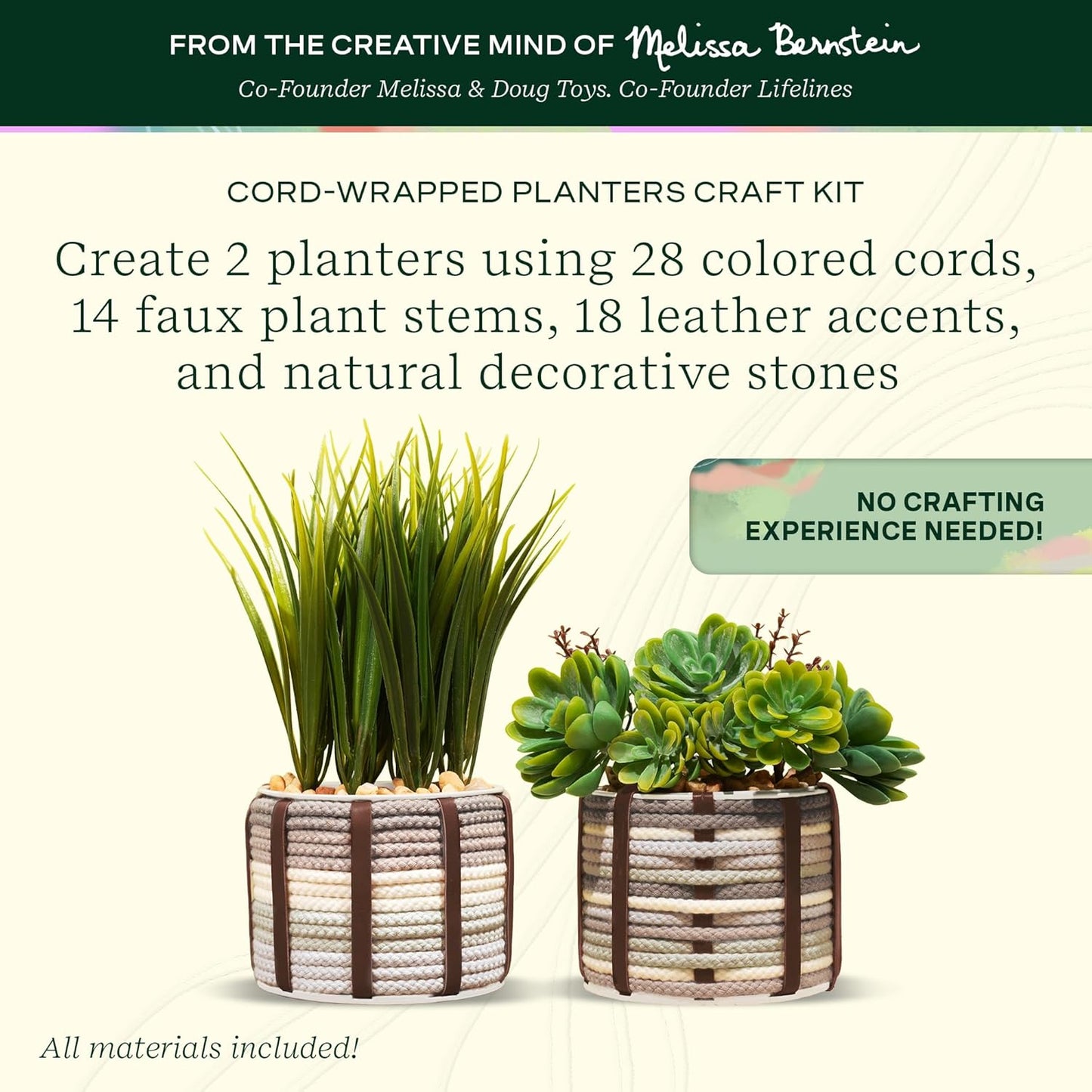 Lifelines FlowCrafts, Cord-Wrapped Planters - Create 2 Unique Planters with Cords in Multi-Colors, Leather Accents, Faux Plant Stems & Decorative Stones - Sensory Arts & Crafts Kit for Teens & Adults