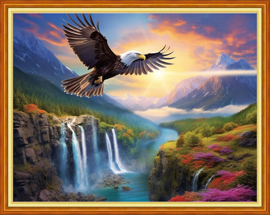 DMCVIVR Stamped Cross Stitch Kits for Adults Beginners Embroidery Kits 11CT Needlepoint Kits Cross Stitch Patterns Embroidery Patterns& Eagle Waterfall Scenery 16x20 inch