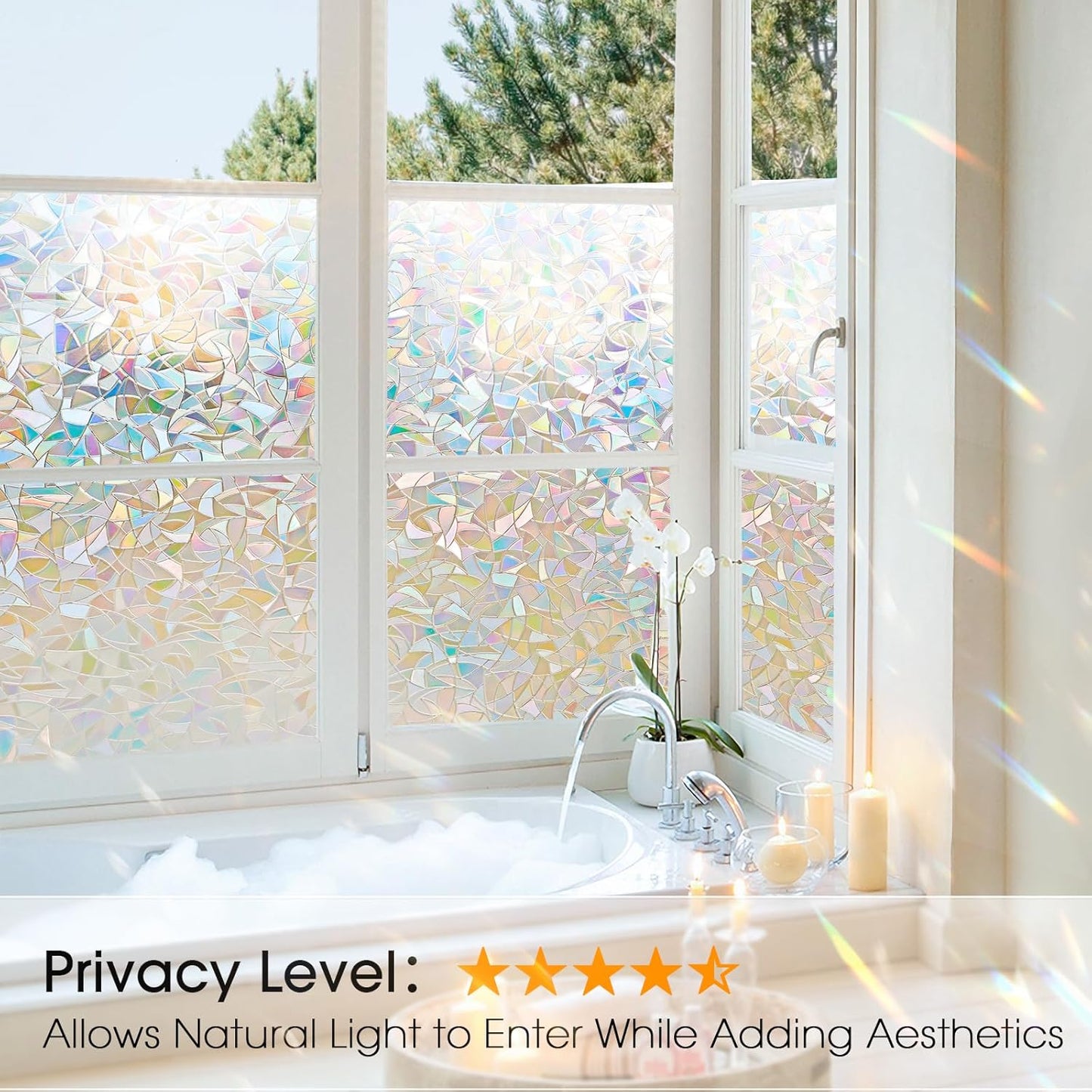 Beautyhero Window Privacy Film, Rainbow Reeded Glass Cling, 3D Decorative Coverings with UV Blocking, Static Cling for Bathroom Doors Cabinet