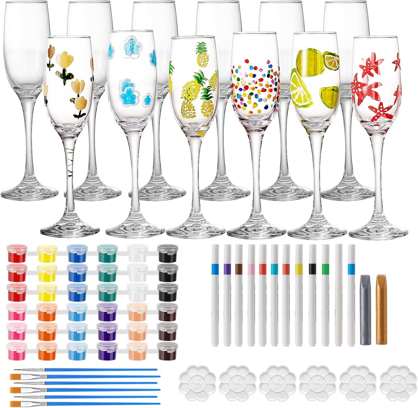 6 Sets Paint Your Own Wine Glass Set with 12 Markers, 2 Outliners, 36 Acrylic Paint Strips, 12 Brushes and 6 Palette for Adults, Ladies Night or Couple