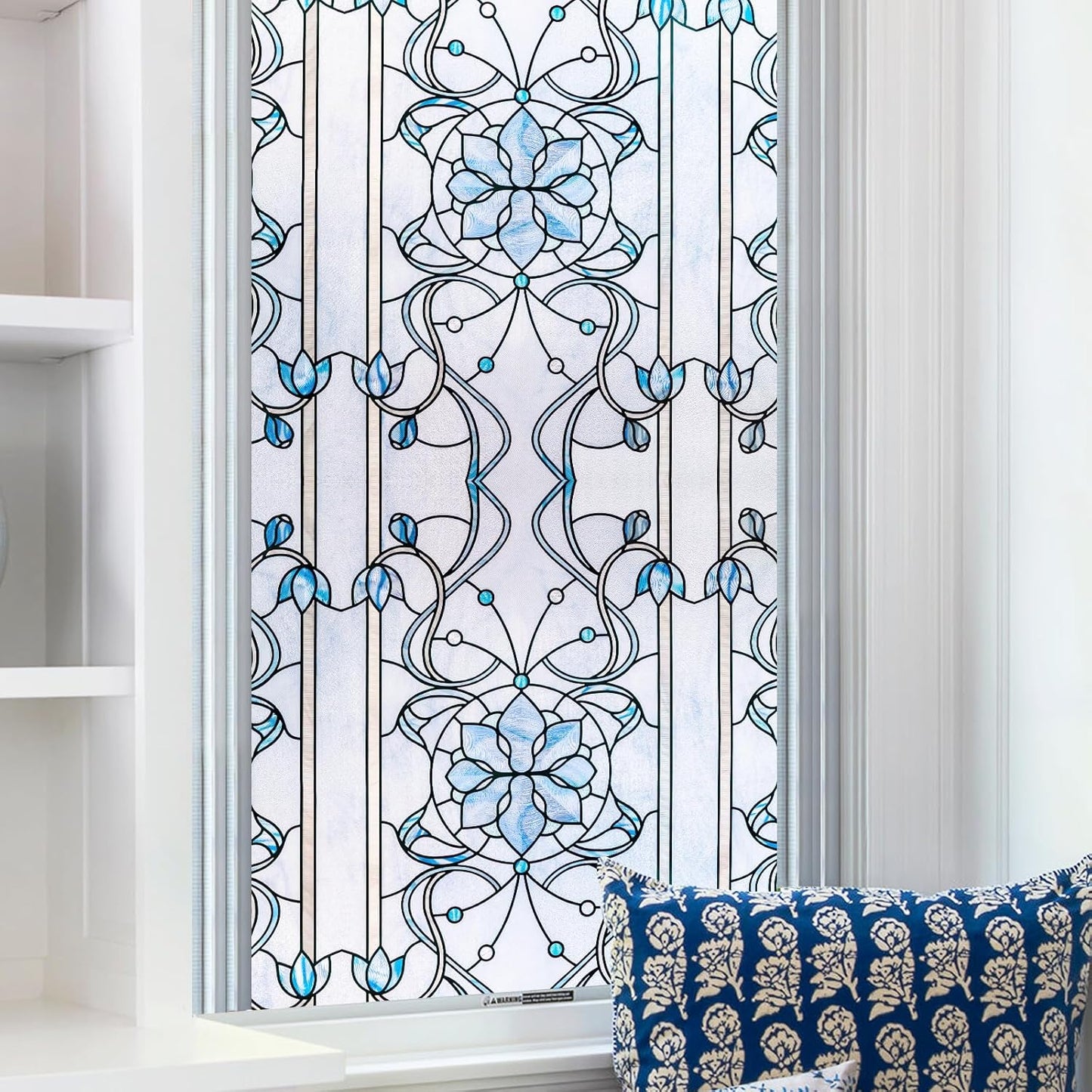 3D Stained Glass Window Privacy Film, Heat Control UV Blocking Static Cling Decorative Window Film for Bathroom,Front Door,Home Non Adhesive,35.4 x 78.7 inches Azure Bloom