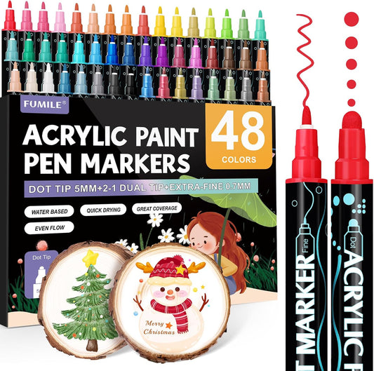 FUMILE 48 Colors Acrylic Paint Marker Dual Tip(Fine and Dot Tip), Paint Pens Acrylic Markers for Wood, Rock, Plastic, Glass, Ceramic, Canvas.Acrylic Markers Set for DIY Christmas Card and Art