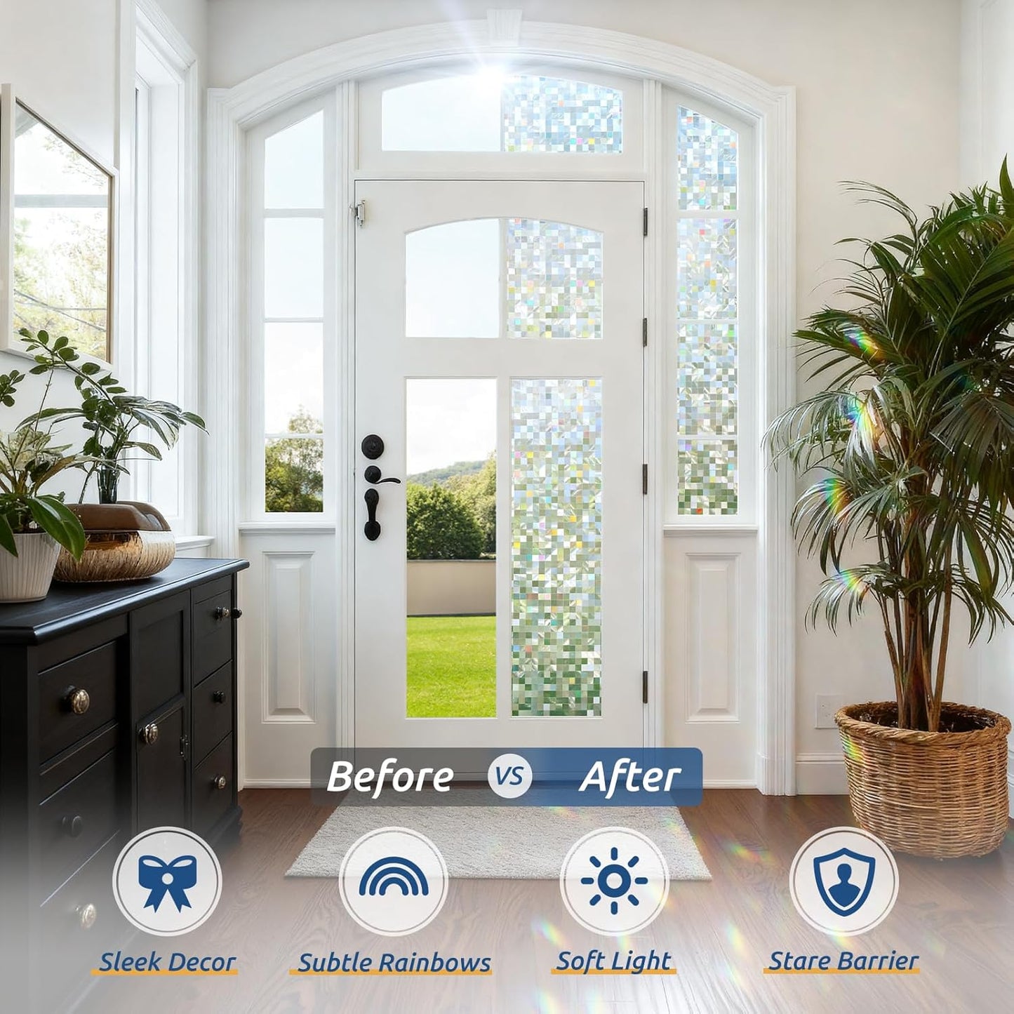 rabbitgoo Stained Glass Window Privacy Film Mosaic Pattern, Frosted Glass Window Film Rainbow Decorative Sticker, Static Cling UV Blocking Suncatcher for Home, 17.5 x 78.7 Inches