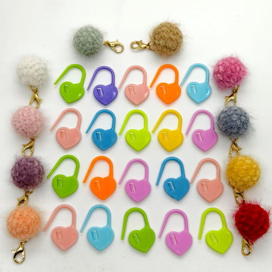 10 Pcs Cute Wool Ball Stitch Markers for Crocheting with Alloy Lobster Clasps & 20 Pcs Heart-Shaped Knitting Markers,for Knitting & Crochet Supplies,Suitable for Various Yarn thicknesses.