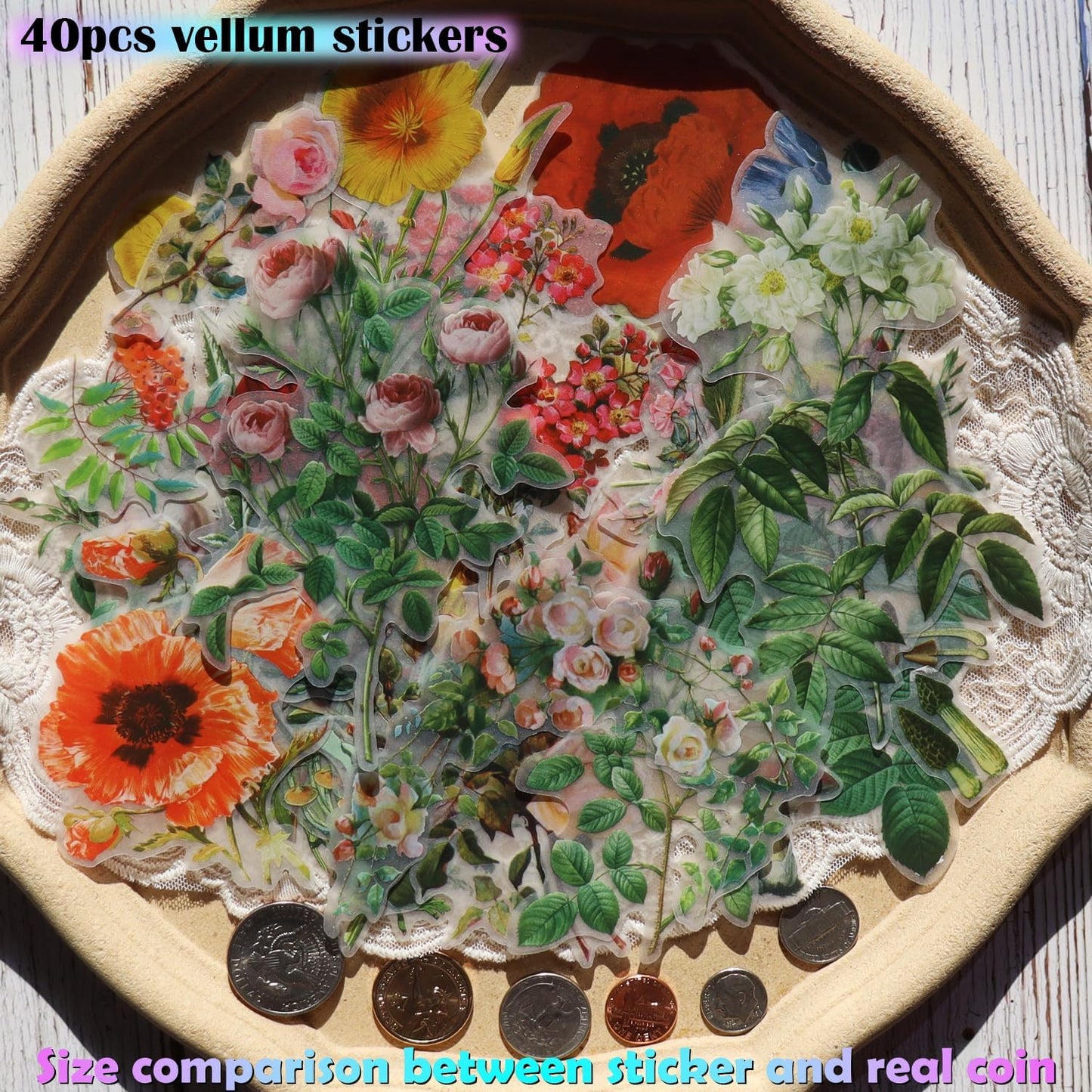 Vintage Vellum Stickers Floral Plants Elements Scrapbooking Supplies Flowers Botanic Natural Translucent Paper Self-Adhesive Junk-Journal Items (Floral)