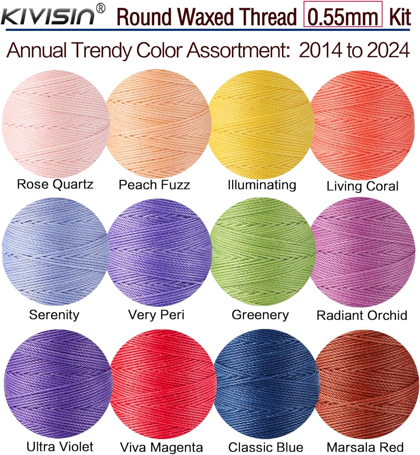 10-Year Popular Assorted Colors Round Waxed Thread -0.55mm 70 Yards 12 Spools Stiff Polyester Wax Cord for Beading, Leather Sewing, Bookbinding, Bracelets Braiding, Micro Macrame Craft Making