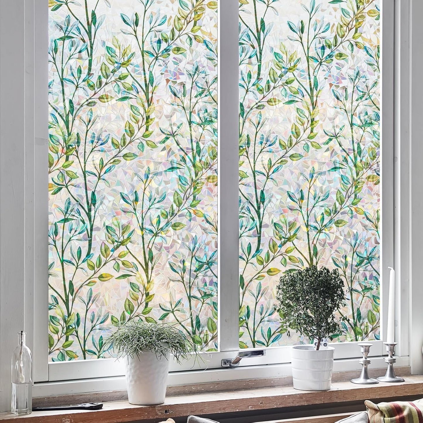 NINETREX Window Privacy Film Stained Glass Window Film 3D Decorative Cling,Sun Blocking Static Cling Removable Film for Glass Door,Home Decor Window Cover Non-Adhesive 17.5 x 157.4 inches,Leaf