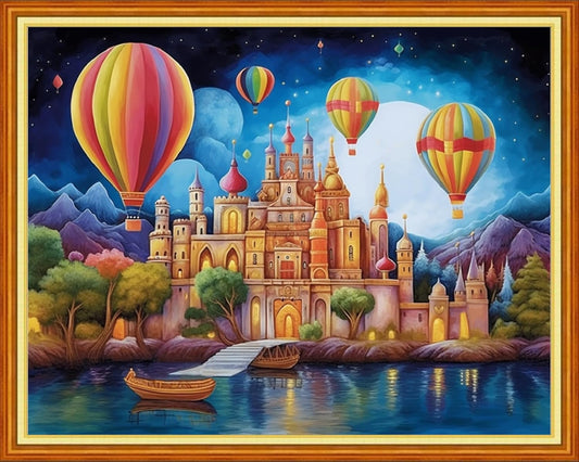 Foxdiviy Stamped Cross Stitch Kits for Beginners Full Range of Cross Stitching 11 CT Printed Cross Stitch Kits for Kids Adults Cross Stitch Patterns Needlepoint Kits-Castle hot air Balloon 16x20 inch