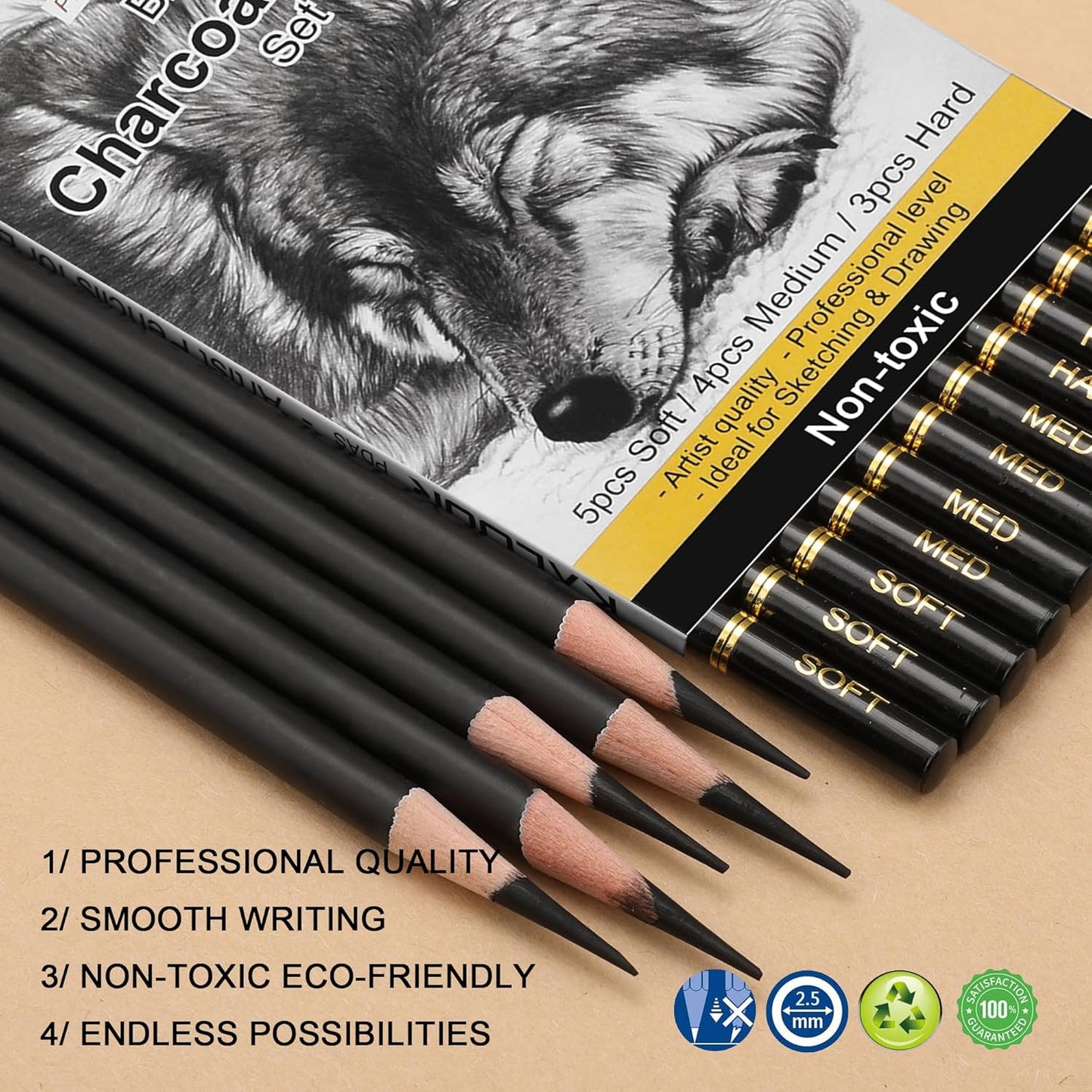 KALOUR Professional Charcoal Pencils Drawing Set -12 Pieces Soft, Medium and Hard Charcoal Pencils for Drawing, Sketching, Shading, Artist Pencils for Beginners & Artists