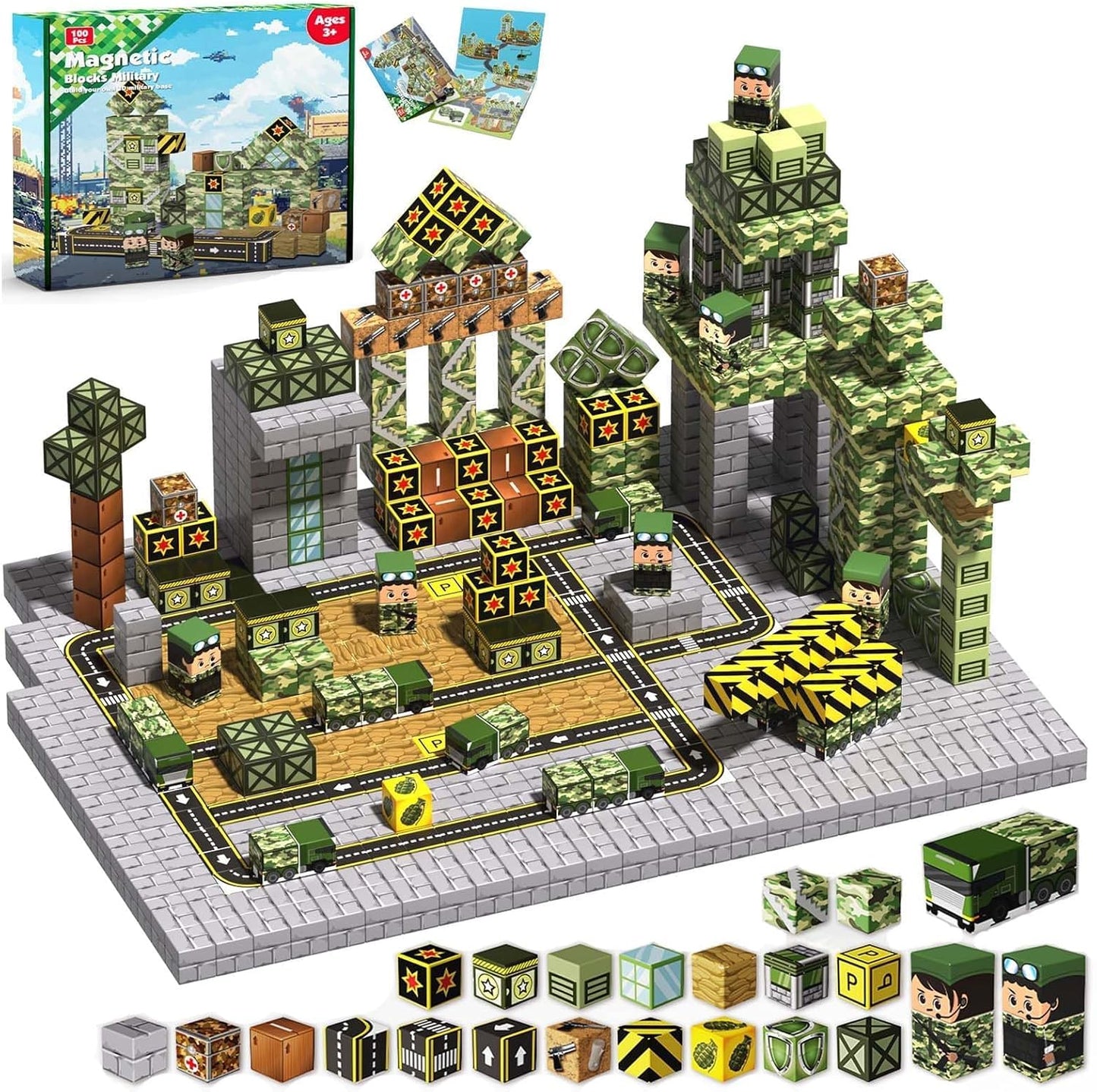 Magnetic Blocks-100PCS Military Building Blocks Set, Kids Classroom Sensory Toy for Toddlers STEM Learning, Construction Stacking Toy for Kids 3+ Boys and Girls Christmas Birthday Gifts Toys