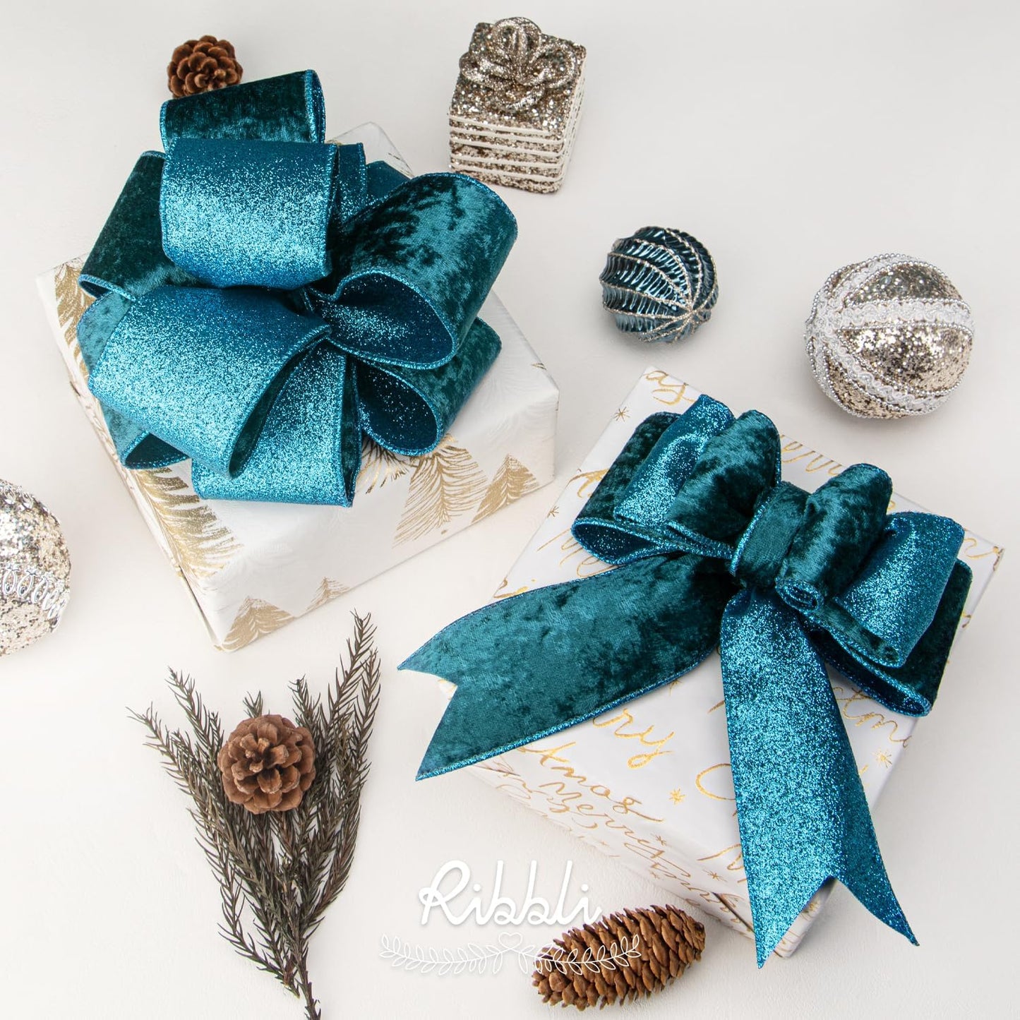 Ribbli Turquoise Blue Velvet Wired Ribbon 2.5 Inch Teal Velvet with Turquoise Blue Glitter Christmas Ribbon for Christmas Tree Decoration Big Bow Gift Wrapping Crafts Wreaths Supplies- 10 Yards