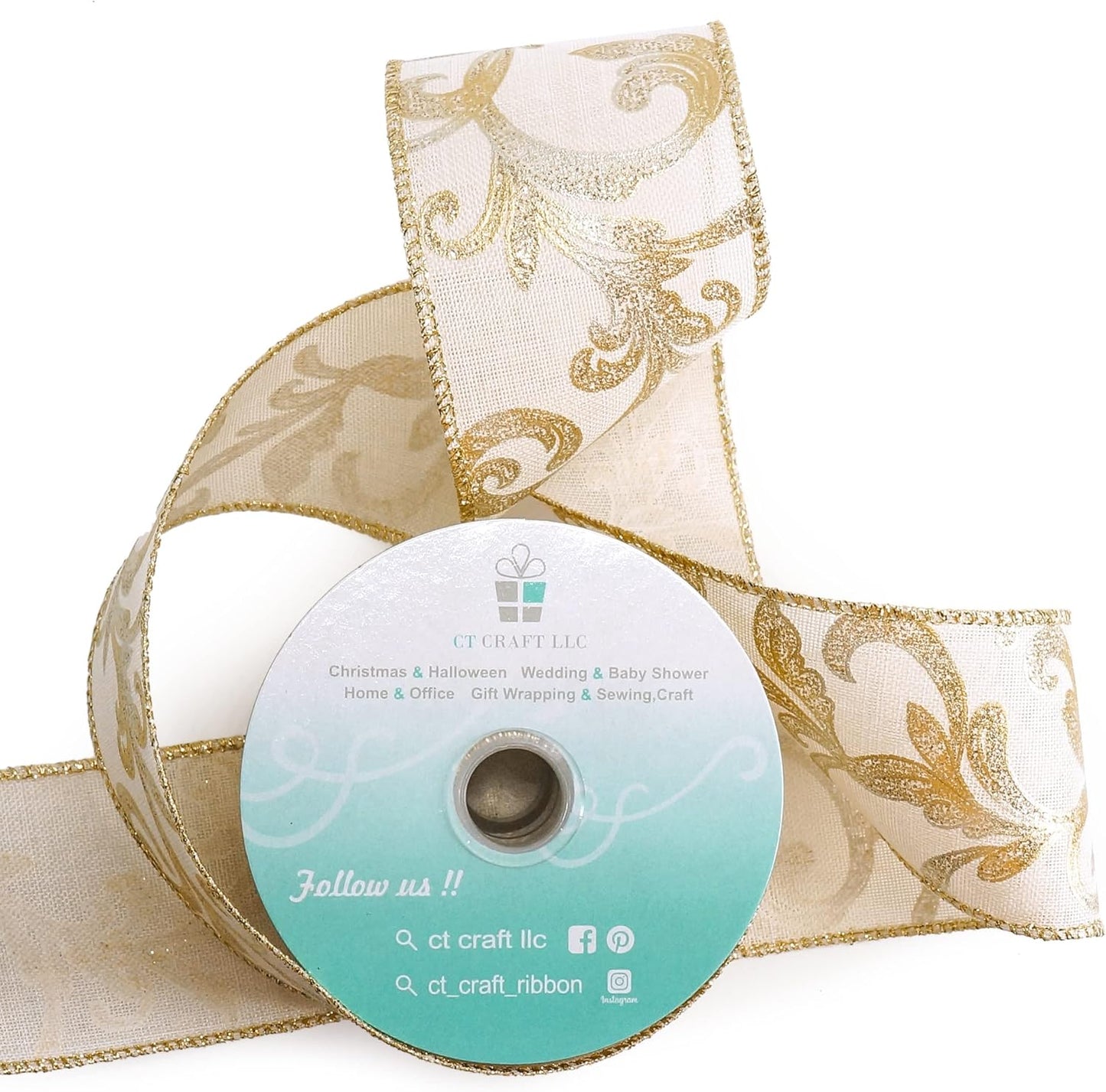 CT CRAFT LLC Tan Burlap Gold Swirl Wired Ribbon 2.5 Inch x 10 Yards for Christmas Home Decor Tree Topper Bow Gift Wrapping DIY Crafts Wreath Garland