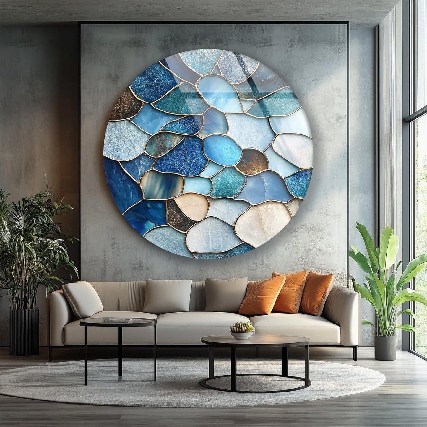 My Photostation.com 20''(50cm) Diameter Coastal Blue Stone Mosaic Round Glass Wall Art Tempered Glass Printing Wall Decor Large Wall Art Wall Hangings