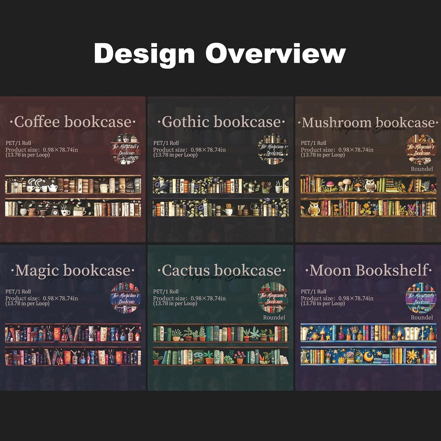 Magician’s Bookcase PET Tapes – 6 Rolls of Fantasy Embroidery-Style Bookcase Designs with Clip, for Scrapbook, Journal, Junk Journal, Planner and DIY Decor