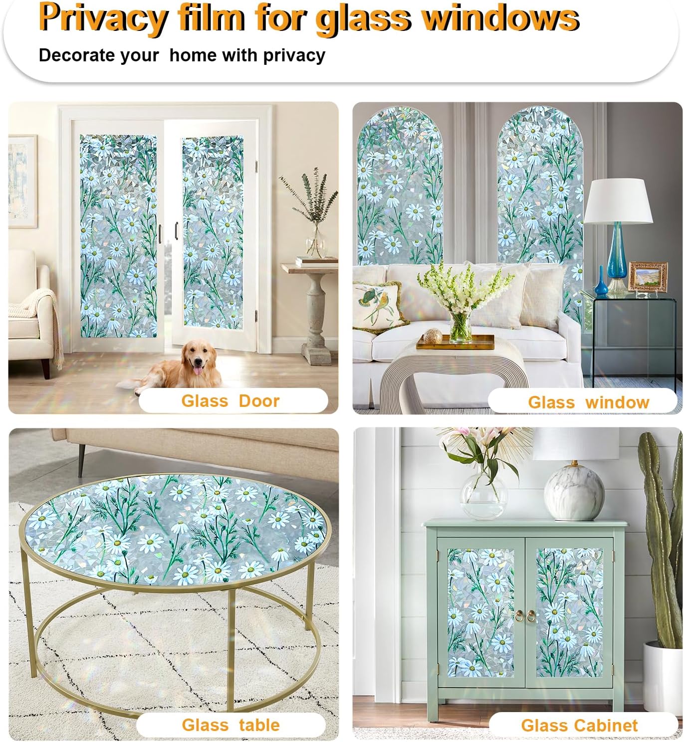 Window Privacy Film Stain Glass Window Film Rainbow Window Film Window clings Non-Adhesive Reusable Decorative for Room (Daisy Rainbow, 45.2 x 78.7 in)