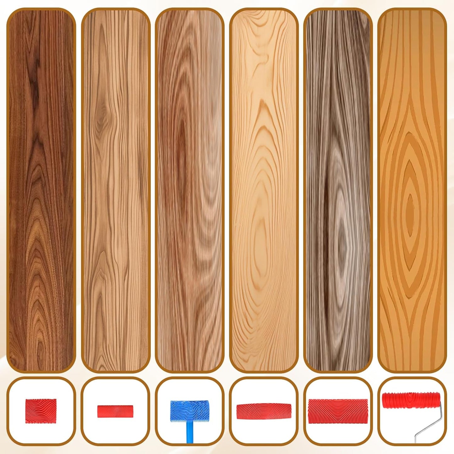 7Pcs Wood Grain Tool Fake Grain Roller Painting Tool Wood Texture Paint Tool with Handle DIY Rubber Wood Pattern Painting Roller for Wall Room Art Decoration