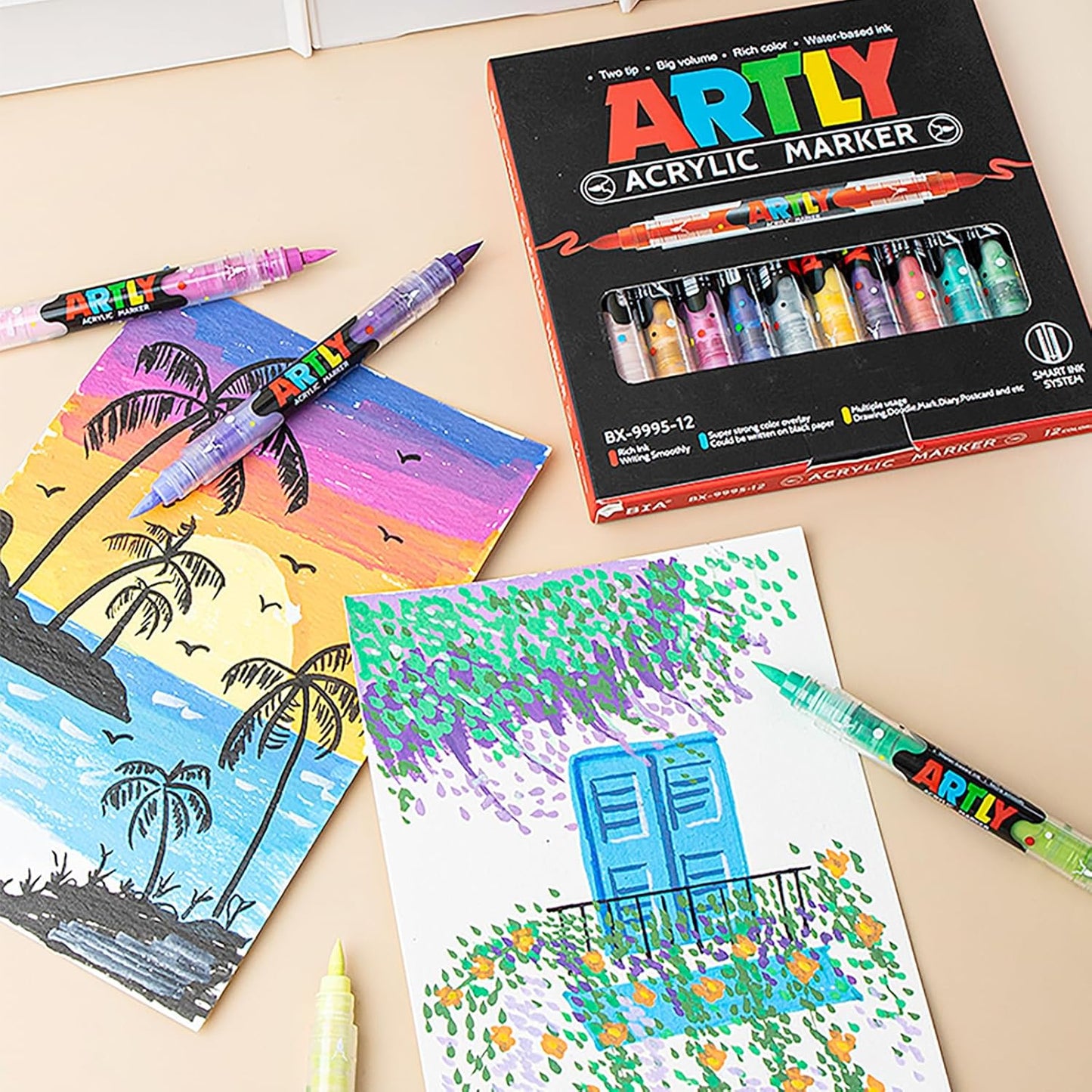 24 Colors Paint Markers, Dual-Color Acrylic Pens with Brush Tips, Double Tipped for Rocks & Art Supplies (12pcs/24colors)