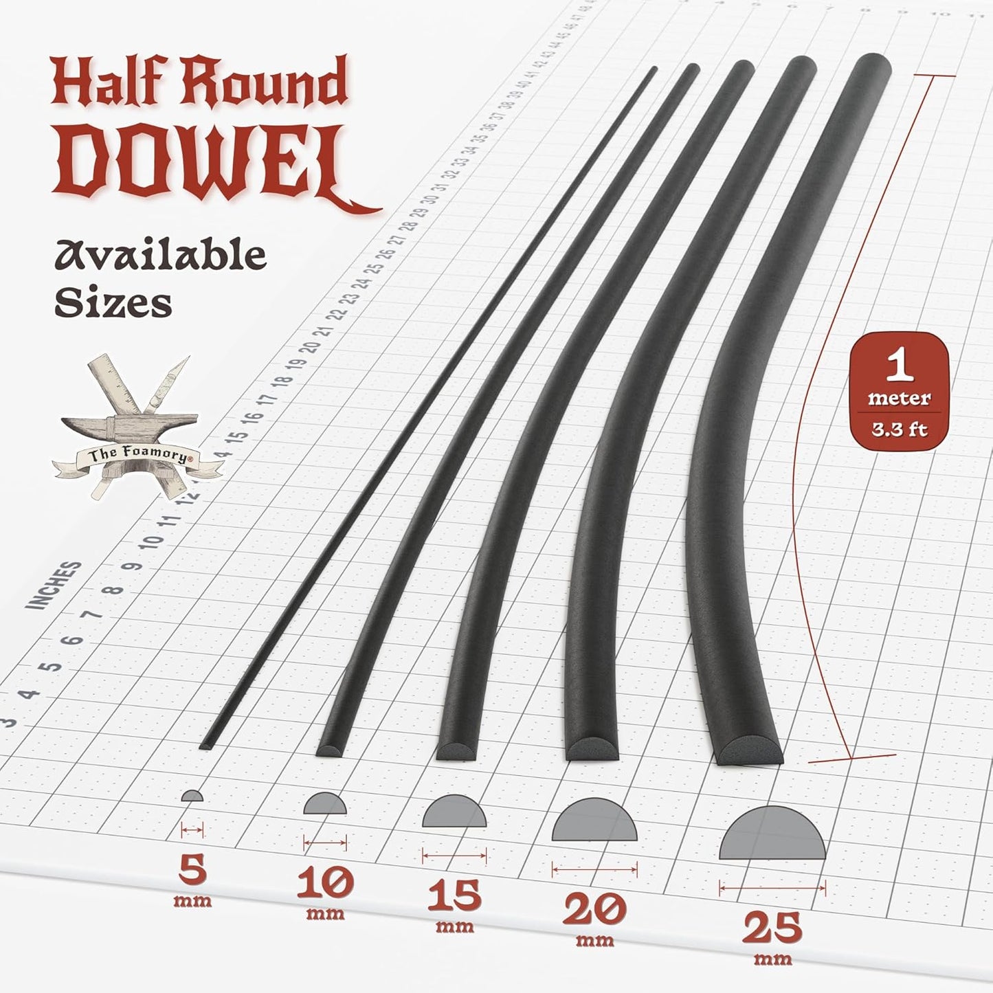 The Foamory's No Waste Half Round EVA Foam Dowel. 3 Pack of 5-25mm x 1M High-Density Black Craft Foam Sticks. Pre-Cut, Paint Ready for Cosplay Armor Trim, Weapon and Costume Design. Time Saving Bevel