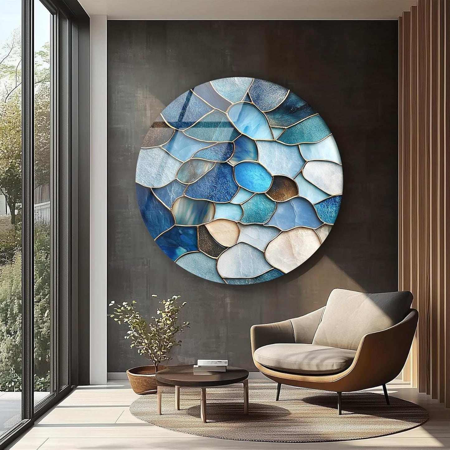My Photostation.com 31.5''(80cm) Diameter Coastal Blue Stone Mosaic Round Glass Wall Art Tempered Glass Printing Wall Decor Large Wall Art Wall Hangings