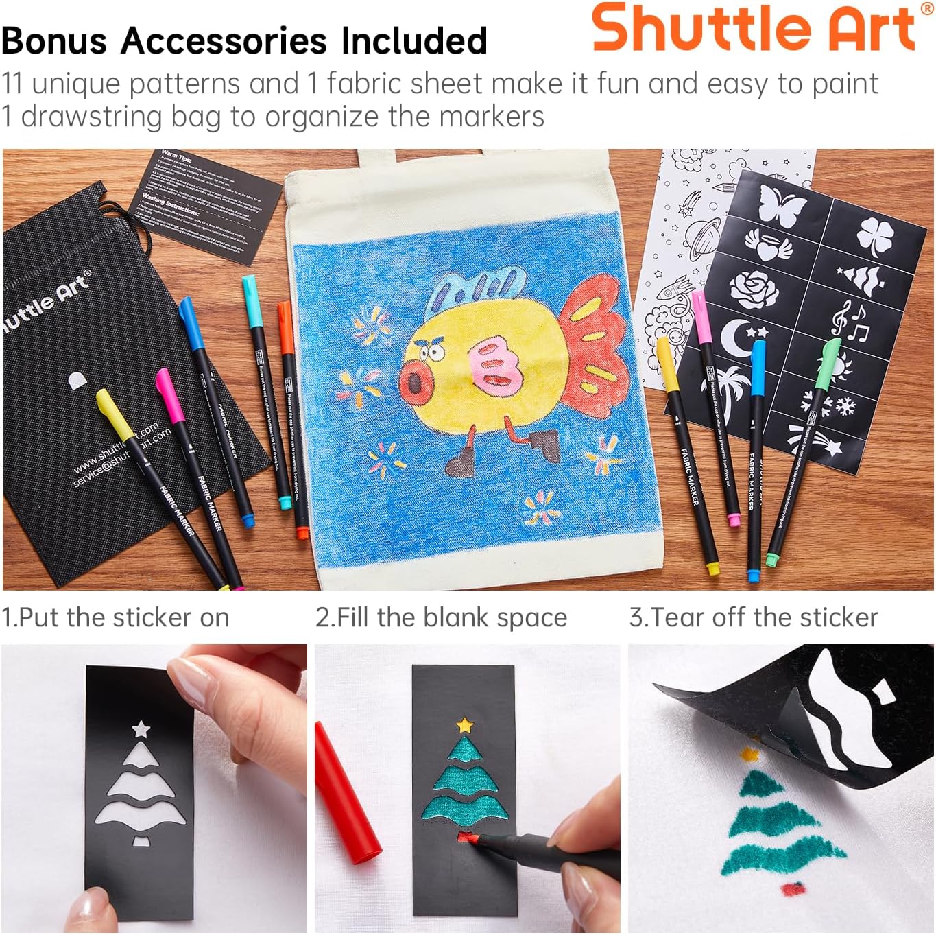 Shuttle Art 36 Colors Fabric Markers, Permanent Shirt Markers for Clothes Sneakers Jeans with 11 Stencils 1 Fabric Sheet, Fabric Pens for Kids Adult Painting Writing