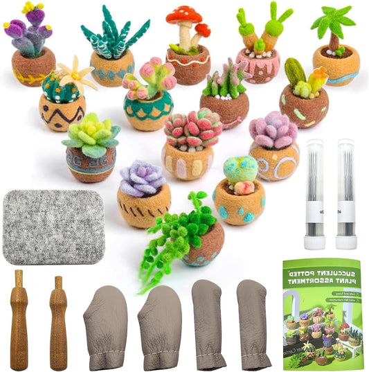 Jevuoyee 15pcs Succulent Needle Felting Kit for Beginners Adult - DIY Starter Kit with Wool Roving, Felting Mat, Needles, Instructions for Home Decoration Crafts