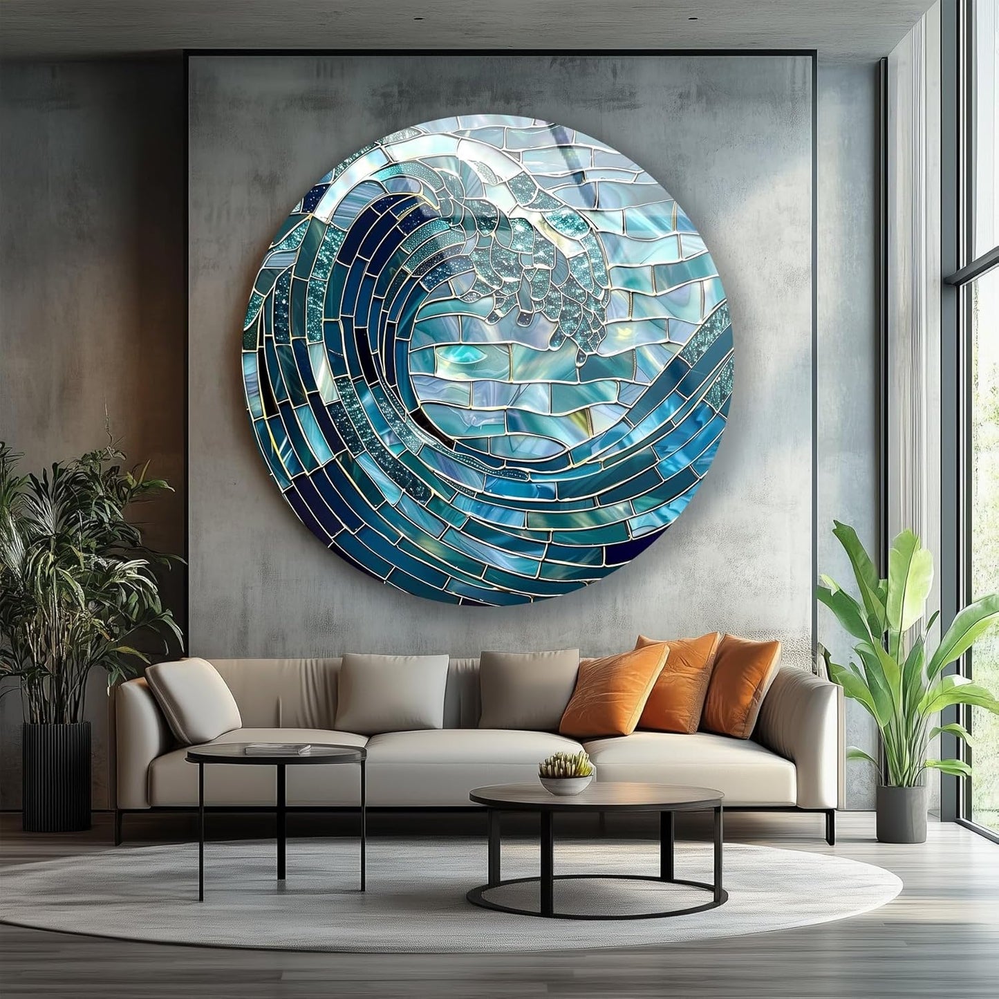 My Photostation.com 20''(50cm) Diameter Ocean Wave in Blue Mosaic Round Glass Wall Art Tempered Glass Printing Wall Decor Large Wall Art Wall Hangings