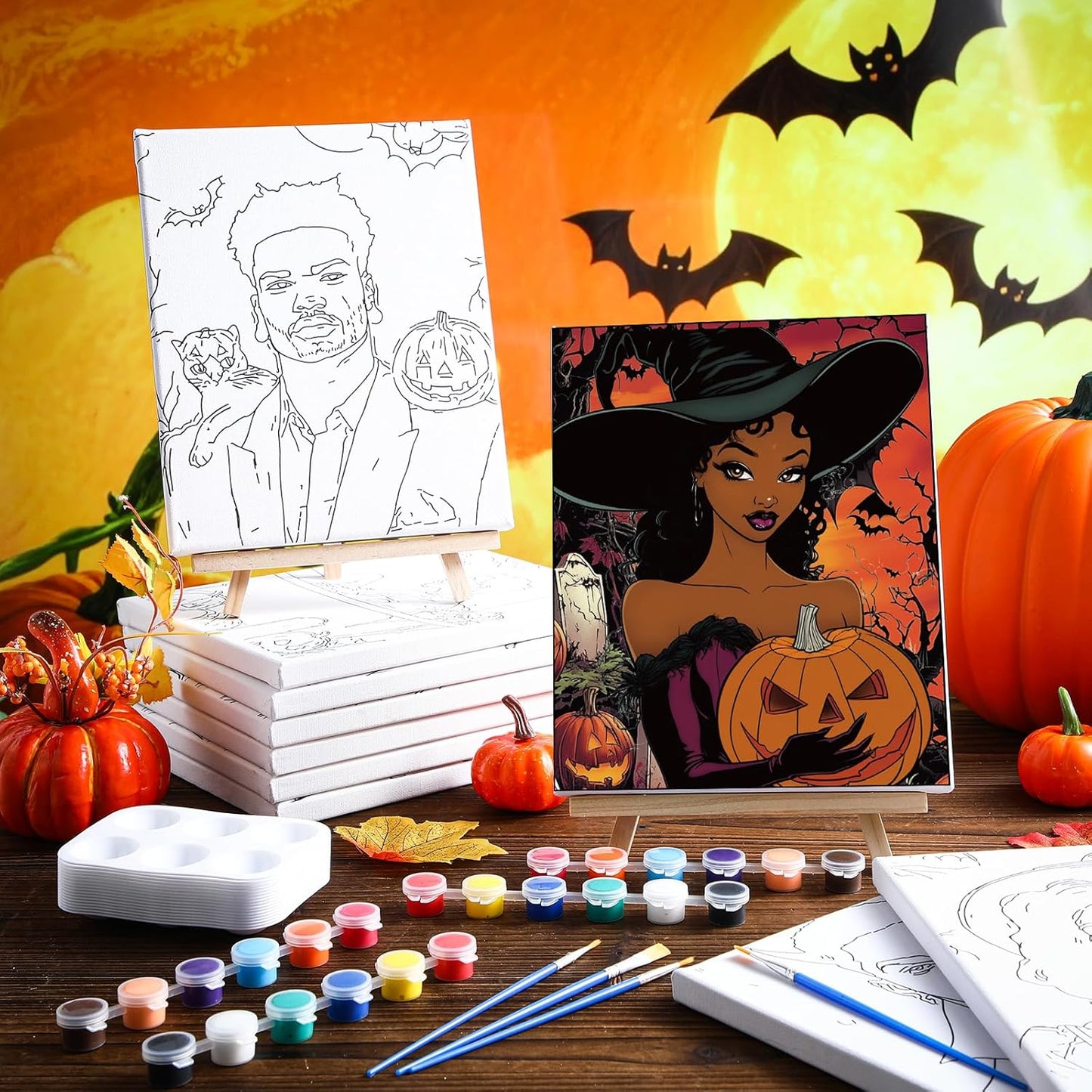 Zhanmai 12 Pack Pre Drawn Canvas for Painting Sip and Paint Kit 8" x 10" Paint Party Set Canvas Painting Pre Printed Canvases for Party Favor DIY Virtual Adult's Date Night(Witch Couple)