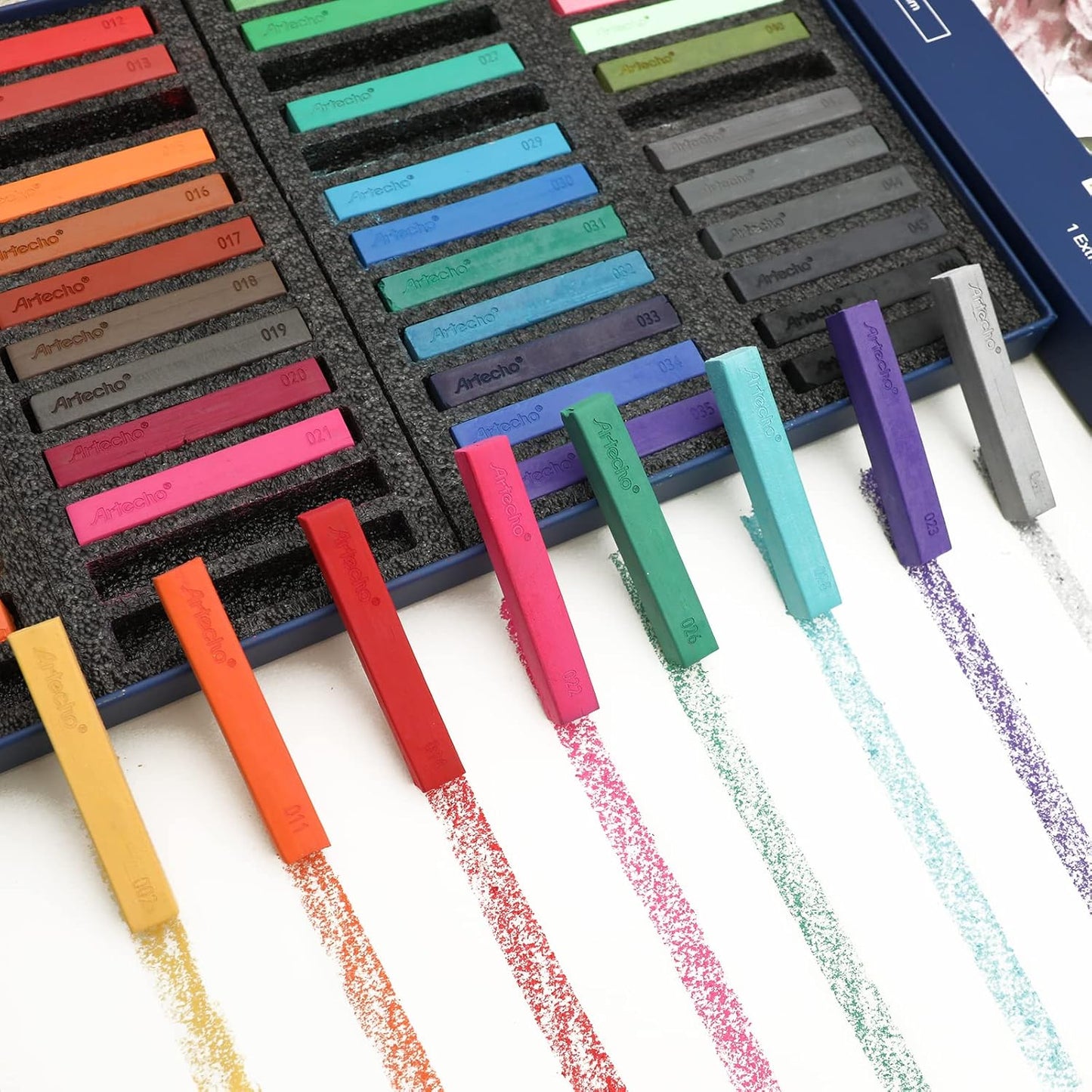Artecho 48pcs Soft Pastels, 46 Colors Including 4 Fluorescent Colors, Extra Free Black & White, Square Chalk for Drawing, Blending, Layering, Shading, Pastels Art Supplies