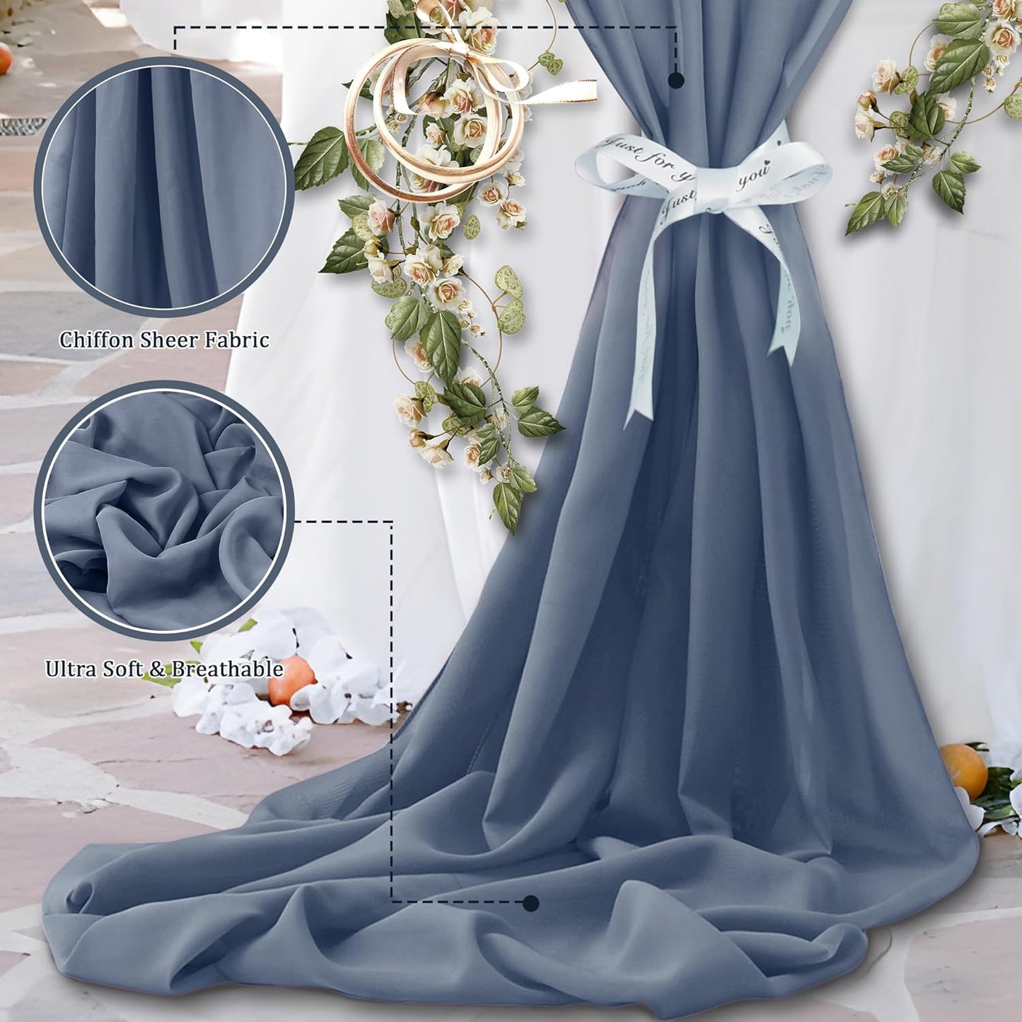 Horbaunal Dusty Blue Chiffon Fabric by The Yard, 1 Yard Continuous Sheer Fabric 59" Wide Soft Draping Fabric for Wedding Arch Draping Party Backdrop DIY Sewing