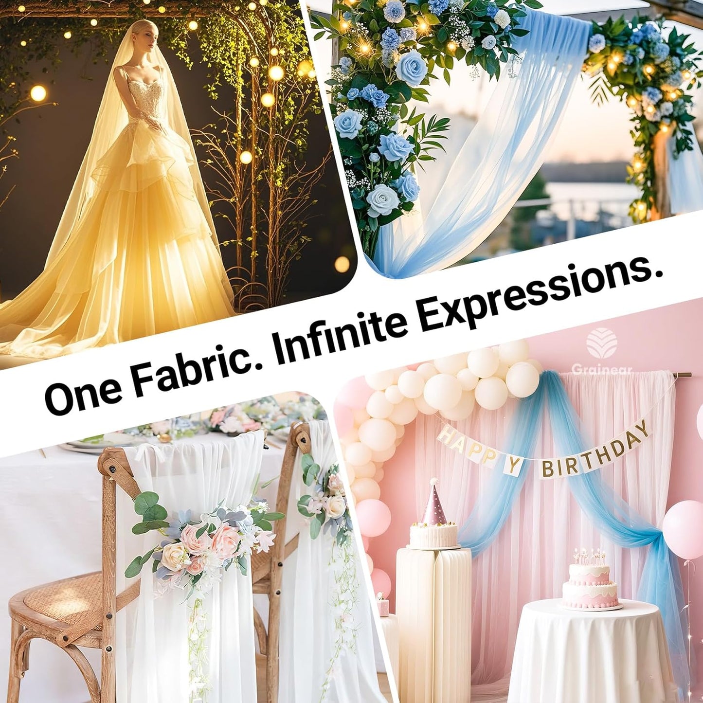 Ivory Organza Fabric – 44" x 5 Yards Wide Sheer Tulle for Wedding Arch Draping, Gowns, Table Runners, Party Decor, Curtains & DIY Crafts – Translucent Fabric for Elegant Projects
