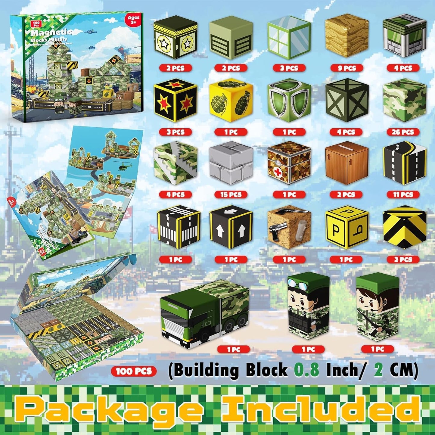 Magnetic Blocks-100PCS Military Building Blocks Set, Kids Classroom Sensory Toy for Toddlers STEM Learning, Construction Stacking Toy for Kids 3+ Boys and Girls Christmas Birthday Gifts Toys