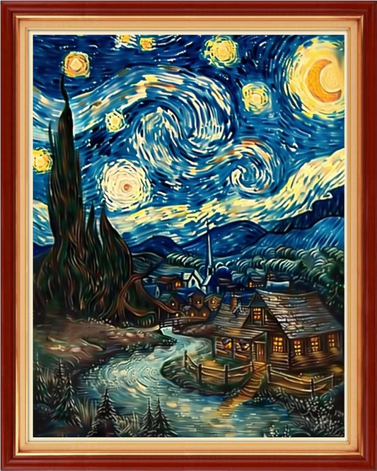 Joyhoor Cross Stitch Kits for Beginners Stamped Cross-Stitch Supplies Needlework preprint Embroidery Kits for Adults DIY Needlepoint Kits Embroidery Patterns 11CT-Van Gogh's Star Home 16x20 inchs