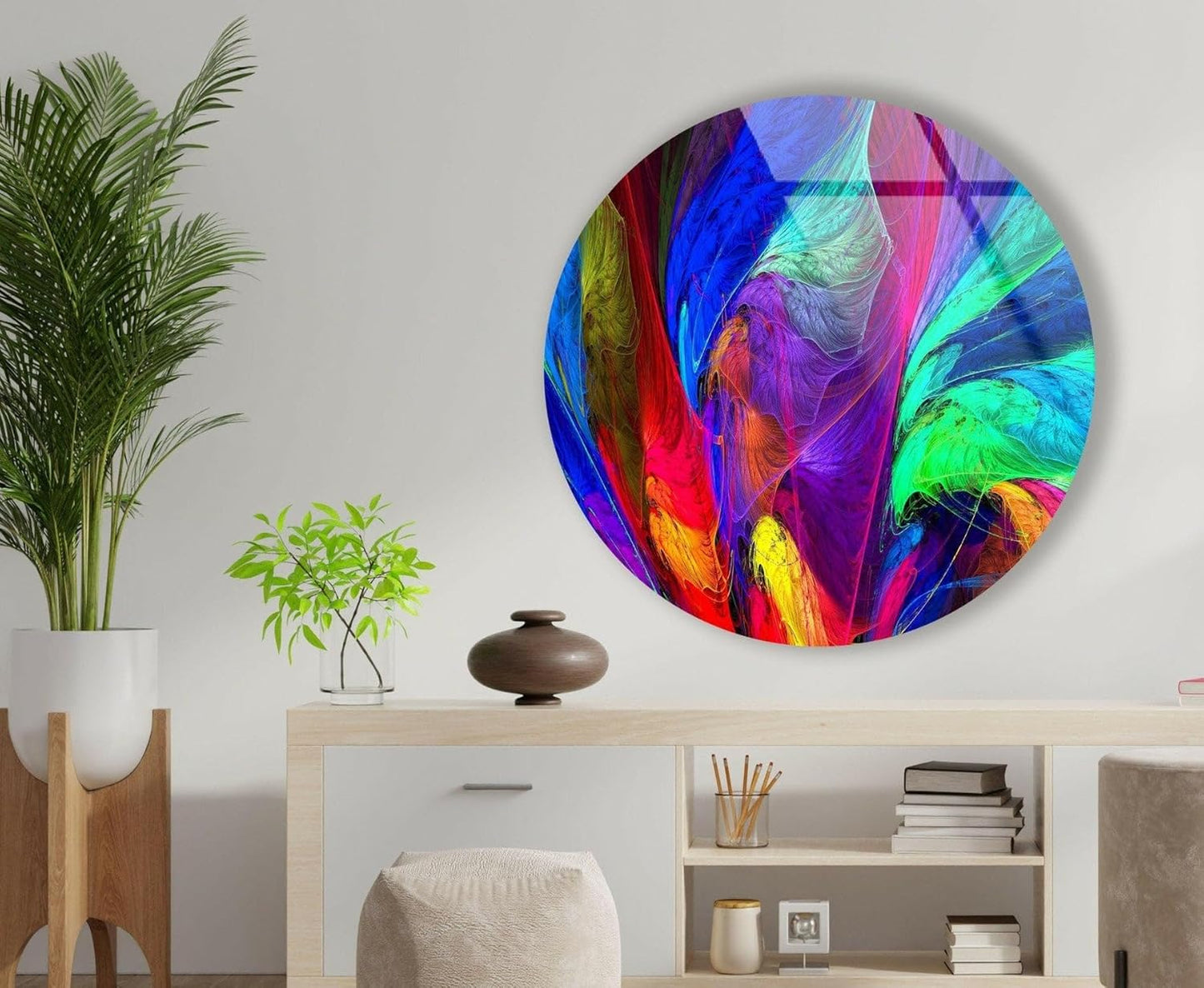My Photostation.com 31.5''(80cm) Diameter Neon Colors Abstract Round Glass Wall Art Tempered Glass Printing Wall Decor Large Wall Art Wall Hangings