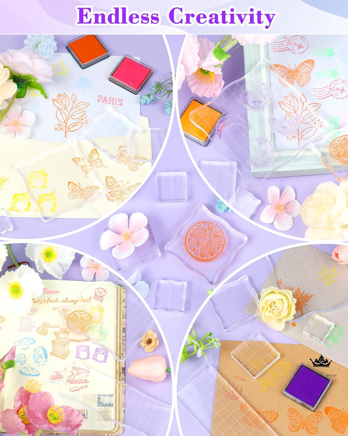 7 Pieces FIVEIZERO Acrylic Stamp Block, Assorted Sizes Clear Stamping Blocks Tools with Grid Lines for Scrapbooking Crafts Card Making and Decorative DIY Essential Stamping Tool(Lace Edge)