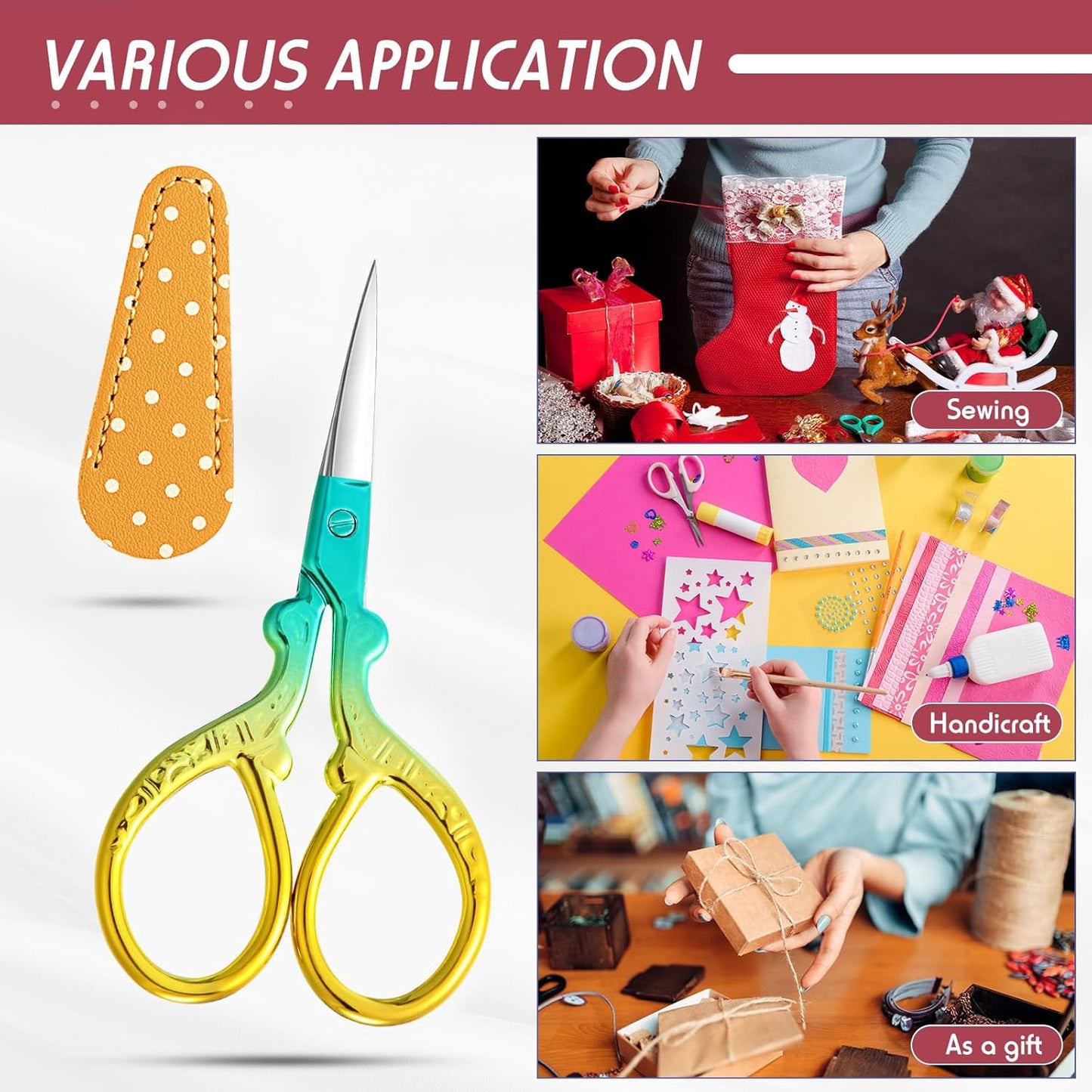 Honoson 4 Pcs Sewing Embroidery Scissors with 4 Pcs Artificial Leather Cover 3.6 Inch Stainless Steel Stork Scissors Vintage Embroidery for Needlework Manual Sewing Handicraft(Classic Colors)