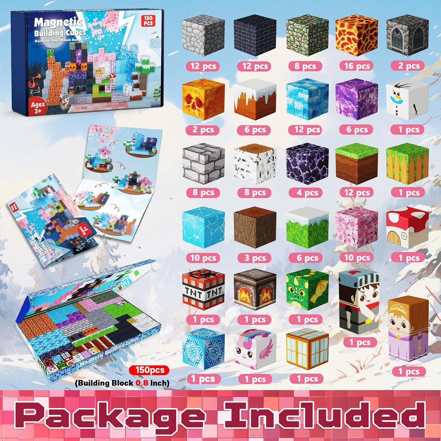 Magnetic Blocks - 150PCS Magnetic Building Block Cubes Dark Forest Glacier Castle, Magnet Toy Building Sets for Kids Age 3+, STEM Stacking Construction Toys Easter Gift for Boys Girls Age 4-8, 8-12