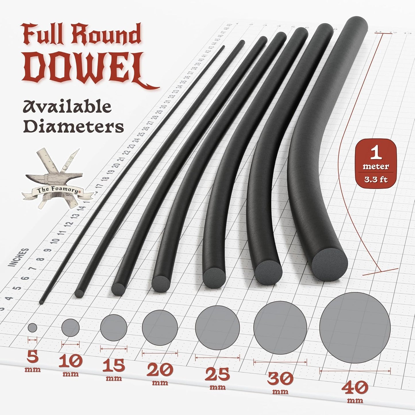 The Foamory's No Waste Full Round EVA Foam Dowel. 5-40mm x 1M High-Density Black Craft Foam Stick. Pre-Cut for Quick Cosplay Armor Trim, Weapon Enhancement and Costumes. Time Saving, Paint-Ready Bevel
