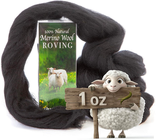 Desert Breeze Distributing 100% Natural Merino Wool Roving - Premium Combed Top Merino Roving Wool - Tapestry, Spinning, Wet Felting & Needle Felting Supplies - 21.5 Micron - 1 oz, Color Black